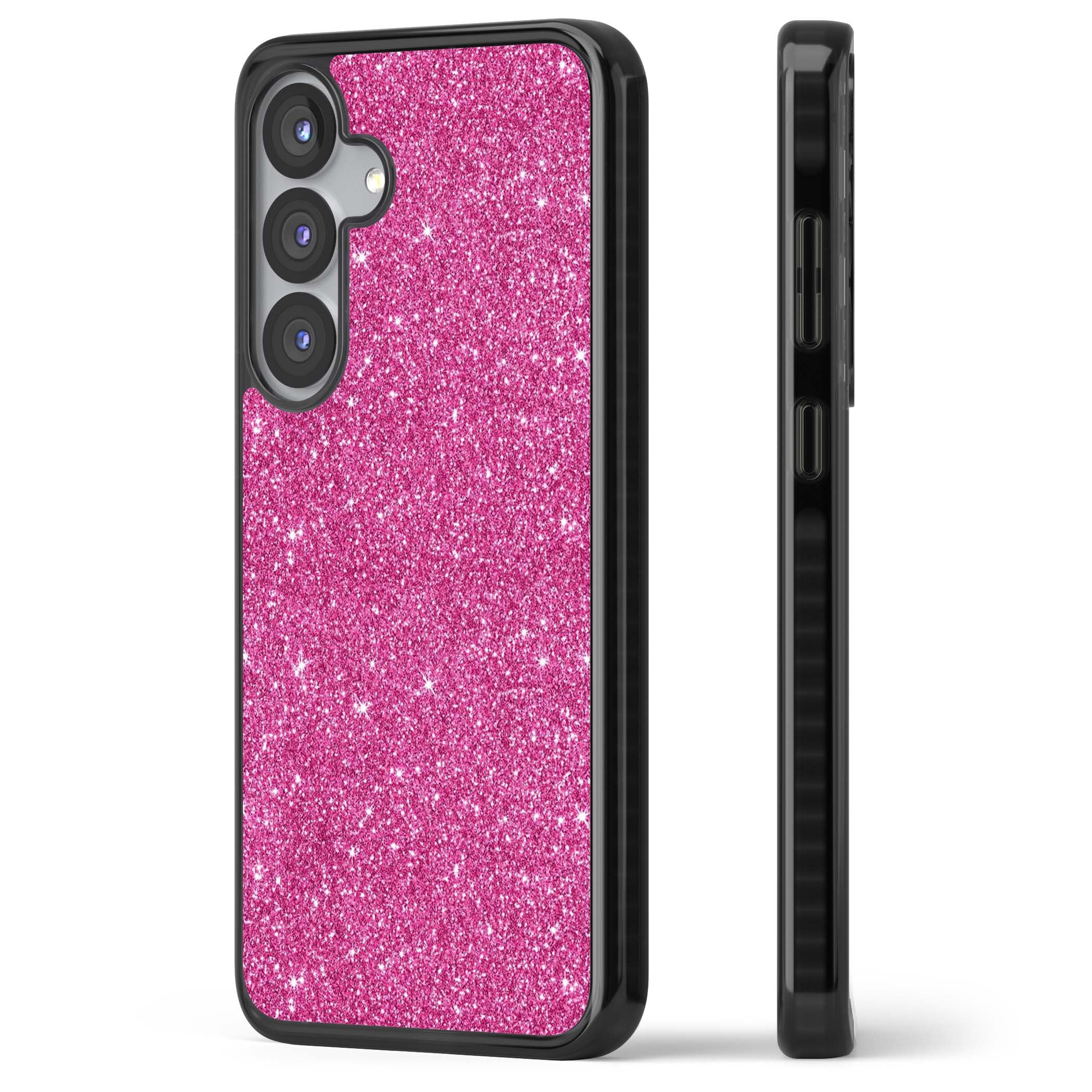Pink Glitter Y2K iPhone case featuring hot pink glitter wallpaper with sparkle shimmer effect | Black Impact case for Samsung Galaxy S25, Samsung Galaxy S25 Plus