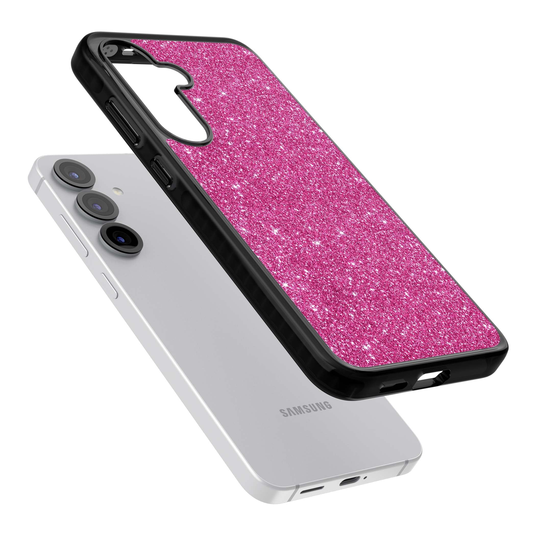 Pink Glitter Y2K iPhone case featuring hot pink glitter wallpaper with sparkle shimmer effect | Black Impact case for Samsung Galaxy S25, Samsung Galaxy S25 Plus