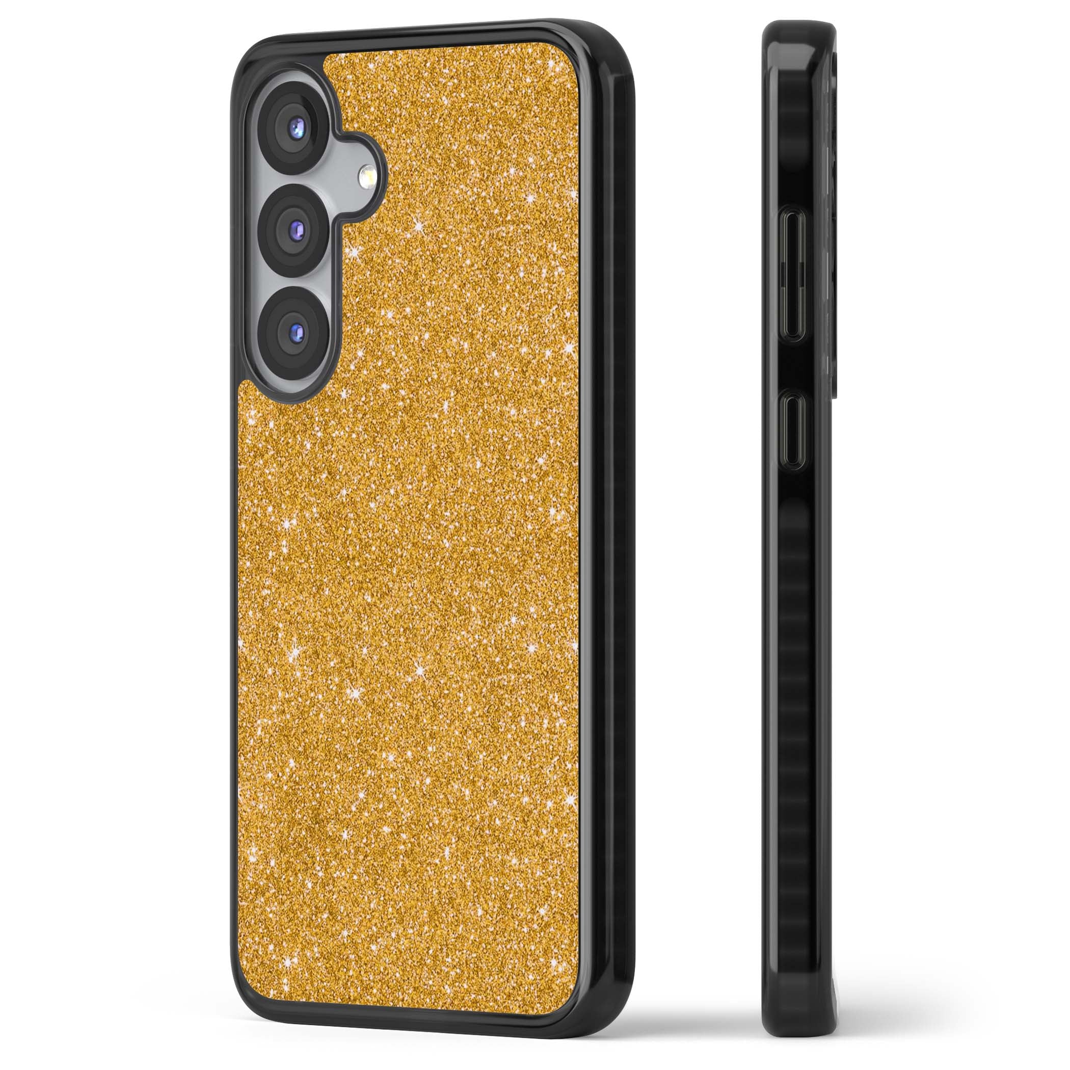 Gold Glitter gold glitter iPhone case featuring a shimmering sparkle wallpaper design in luxury gold | Black Impact case for Samsung Galaxy S25, Samsung Galaxy S25 Plus