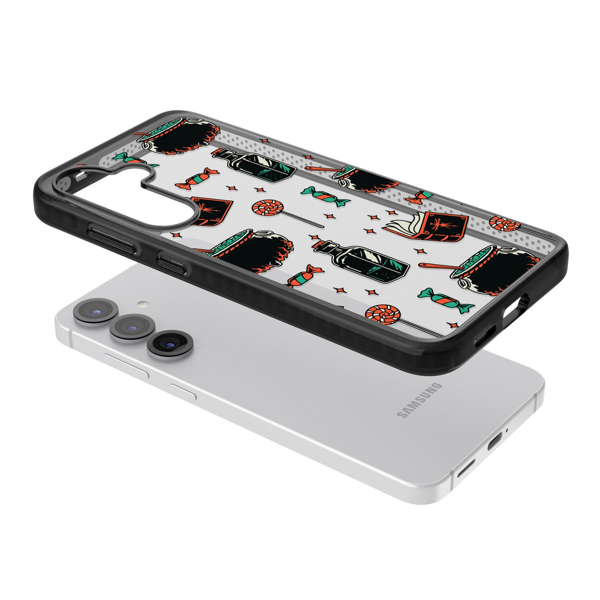 Witch’s Brew & Candy Spell Pattern Samsung S25 / Samsung S25 Plus / Samsung S26 / Samsung S26 Plus Impact Black Phone Case angled