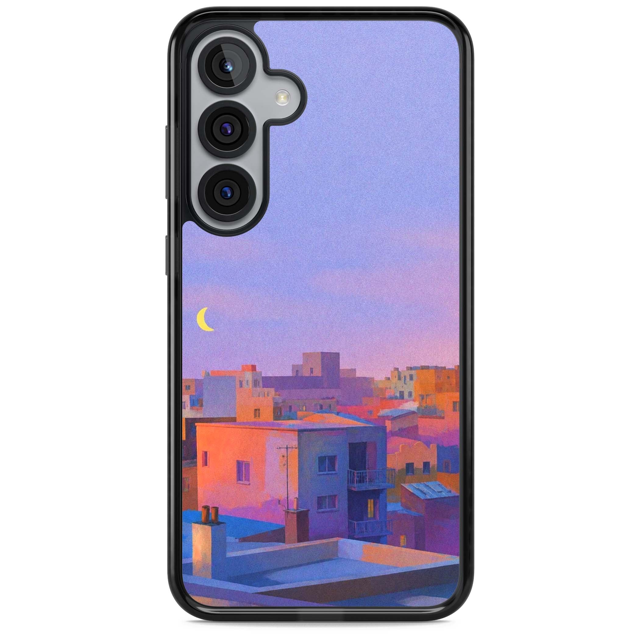 Twilight Rooftops vaporwave iPhone case featuring a pastel sunset cityscape, painted rooftops and a crescent moon. | Black Impact case for Samsung Galaxy S25, Samsung Galaxy S25 Plus