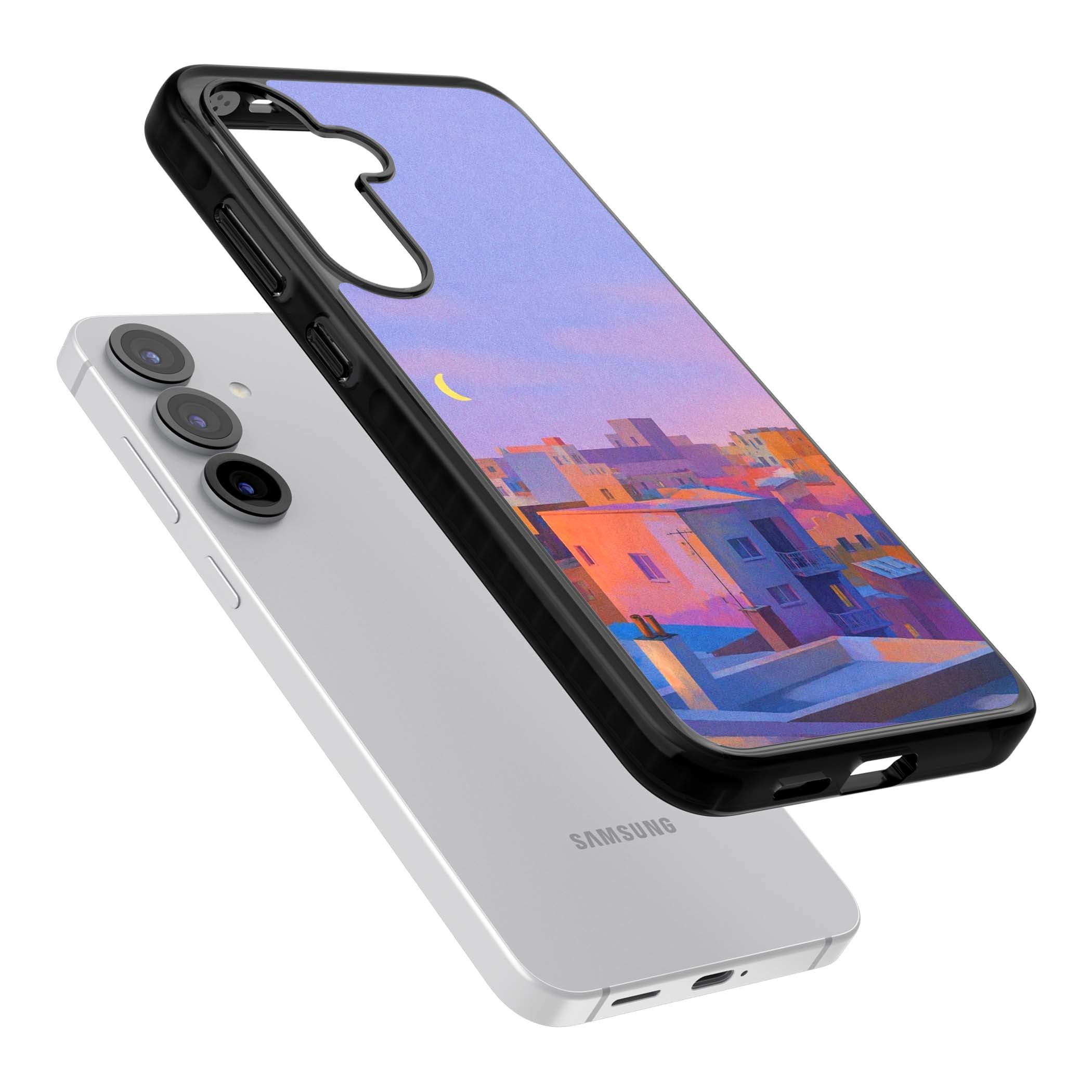 Twilight Rooftops vaporwave iPhone case featuring a pastel sunset cityscape, painted rooftops and a crescent moon. | Black Impact case for Samsung Galaxy S25, Samsung Galaxy S25 Plus