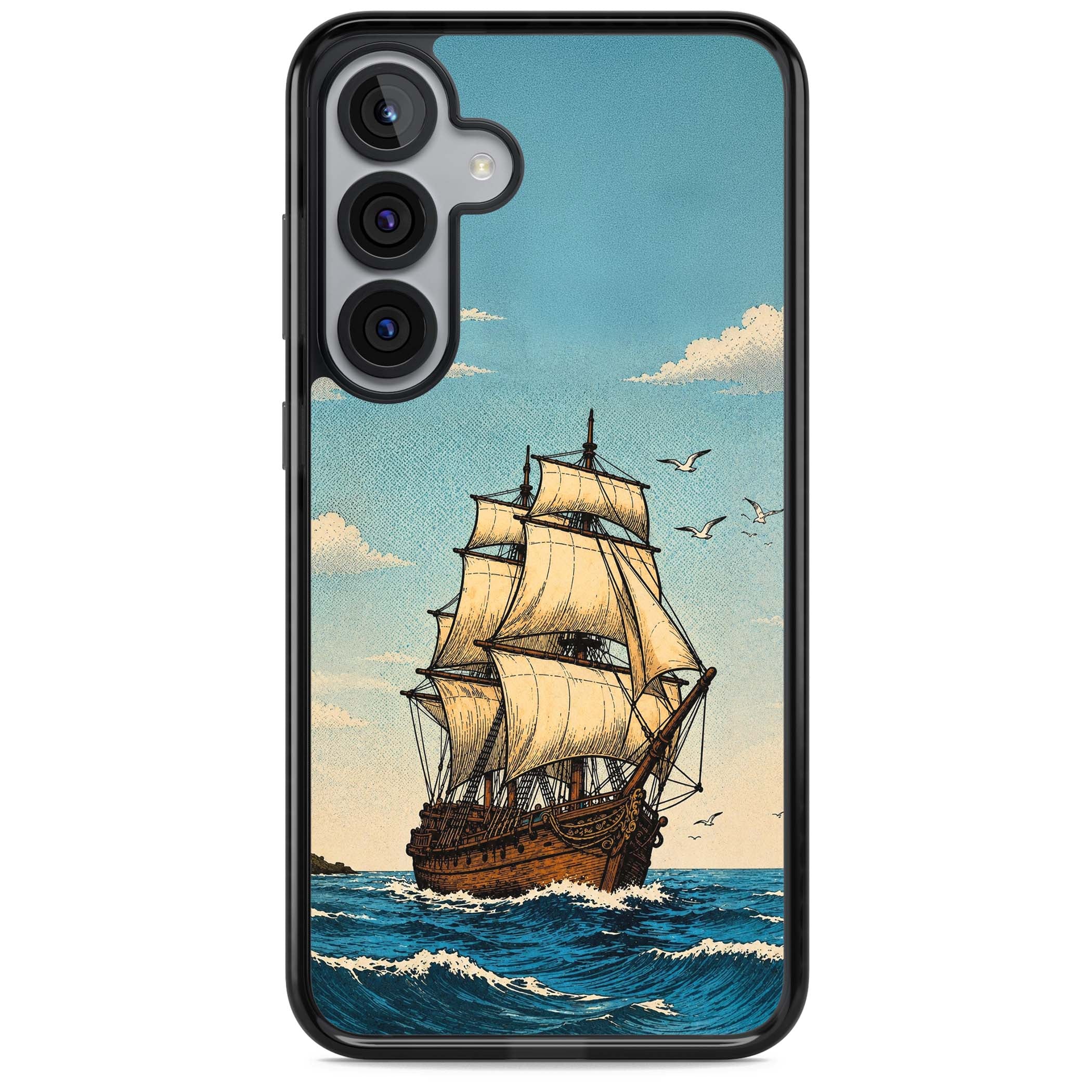 Ship at Sea nautical iPhone case featuring a vintage tall ship, ocean waves and seagulls | Black Impact case for Samsung Galaxy S25, Samsung Galaxy S25 Plus