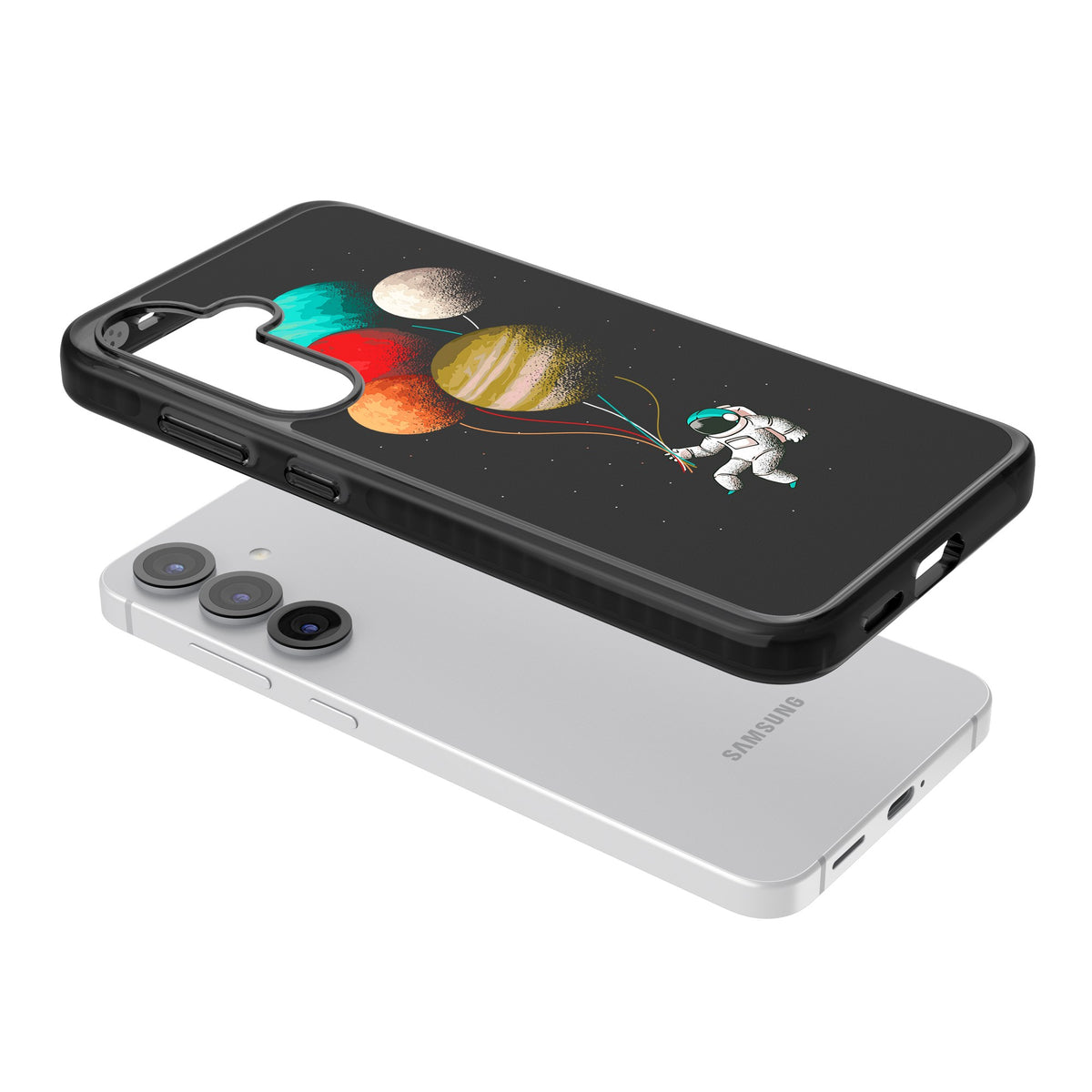 Astronaut Balloon Planets Samsung S25 / Samsung S25 Plus / Samsung S26 / Samsung S26 Plus Impact Black Phone Case angled