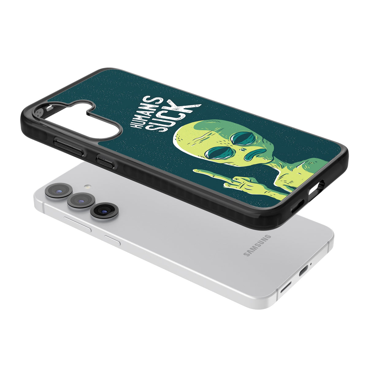 Humans Suck Alien Samsung S25 / Samsung S25 Plus / Samsung S26 / Samsung S26 Plus Impact Black Phone Case angled