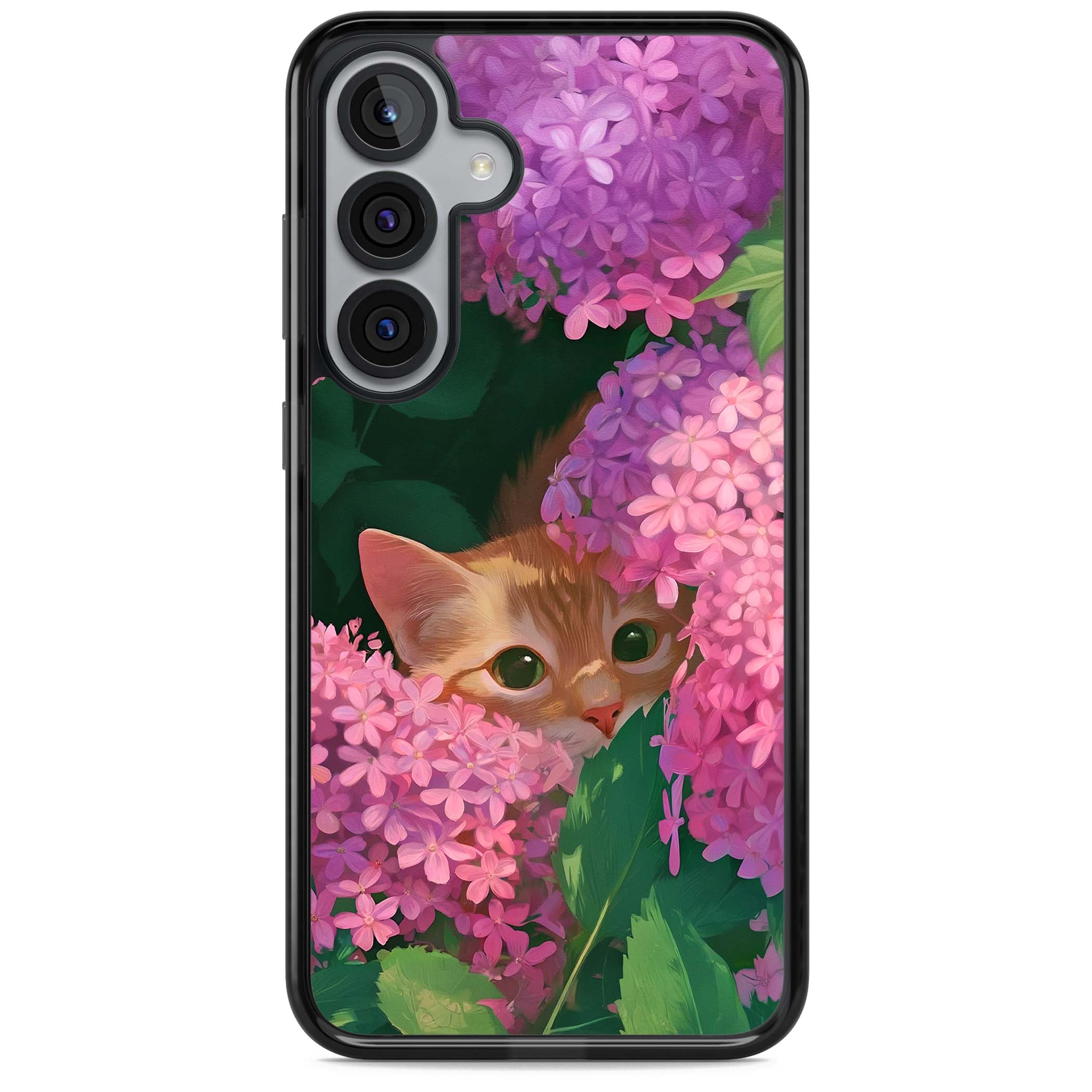 Cat In Pink Flowers cottagecore iPhone case featuring a ginger kitten peeking through lilac and pink hydrangea flo | Black Impact case for Samsung Galaxy S25, Samsung Galaxy S25 Plus