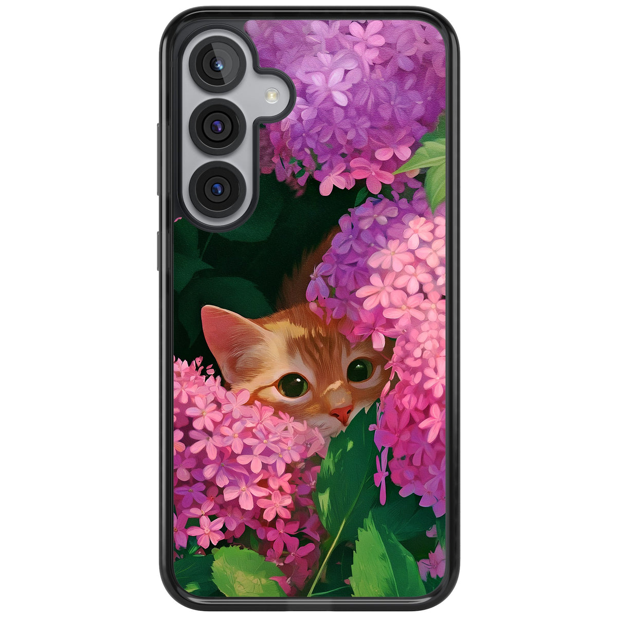 Cat In Pink Flowers Samsung S25 Plus / Samsung S26 / Samsung S26 Plus Impact Black Phone Case front