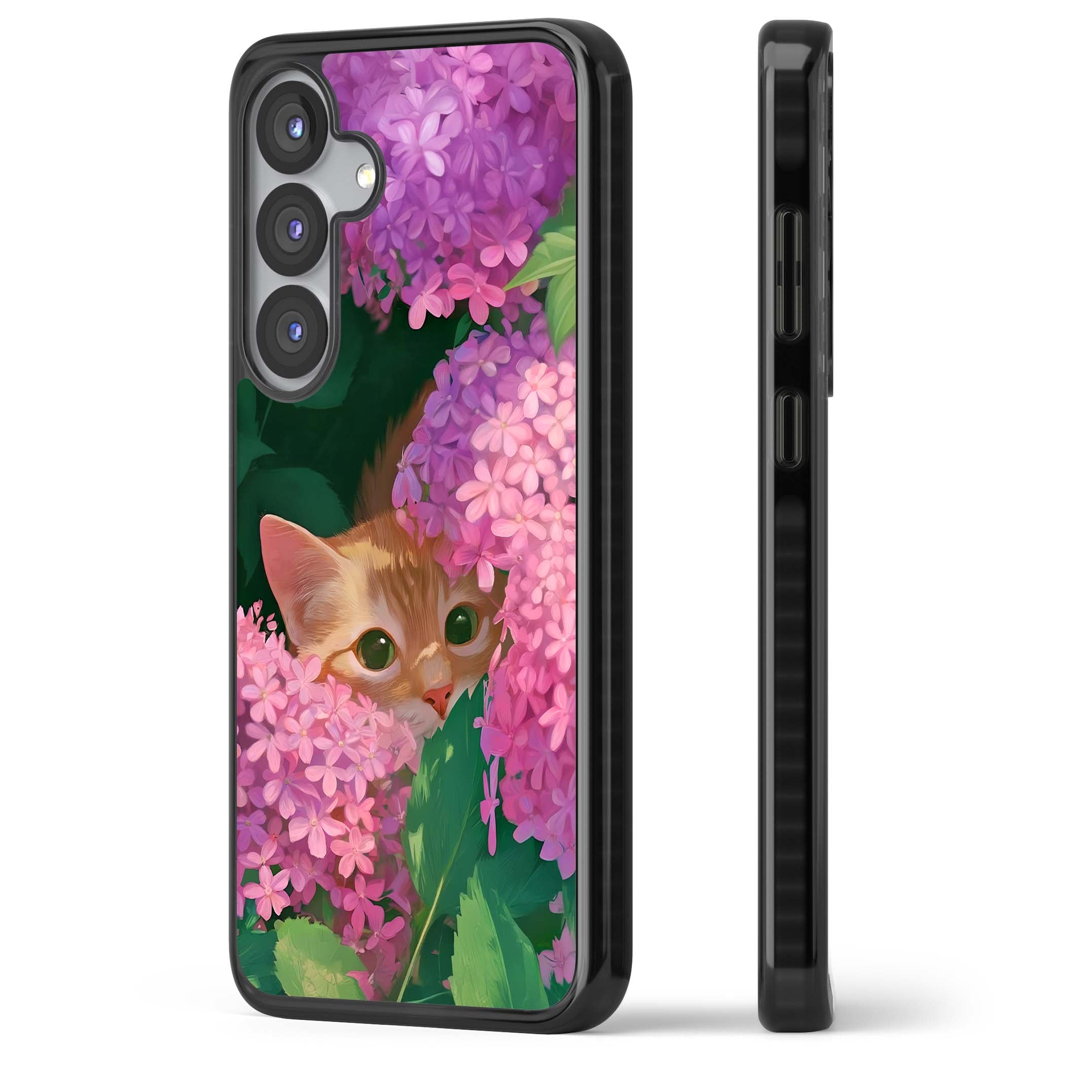 Cat In Pink Flowers cottagecore iPhone case featuring a ginger kitten peeking through lilac and pink hydrangea flo | Black Impact case for Samsung Galaxy S25, Samsung Galaxy S25 Plus