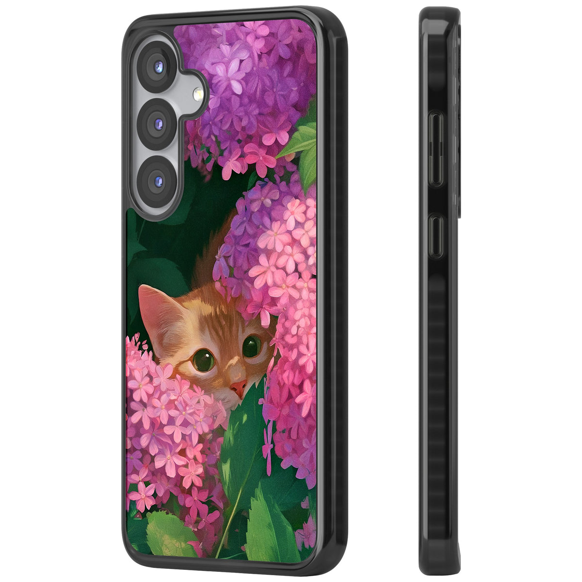 Cat In Pink Flowers Samsung S25 / Samsung S25 Plus / Samsung S26 / Samsung S26 Plus Impact Black Phone Case side