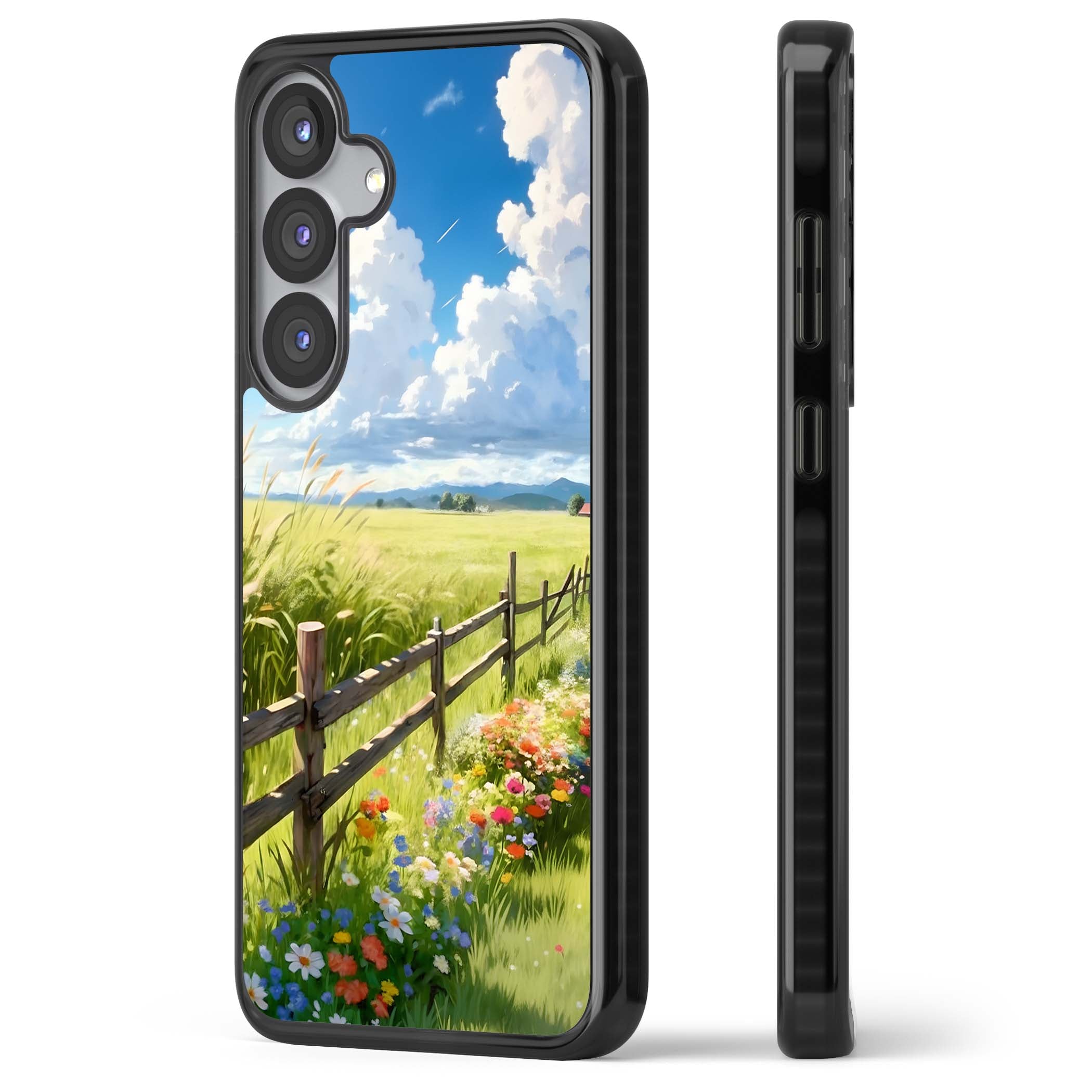 A Countryside Afternoon cottagecore iPhone case featuring a painted countryside meadow, wooden fence, and wildflowers beneath | Black Impact case for Samsung Galaxy S25, Samsung Galaxy S25 Plus