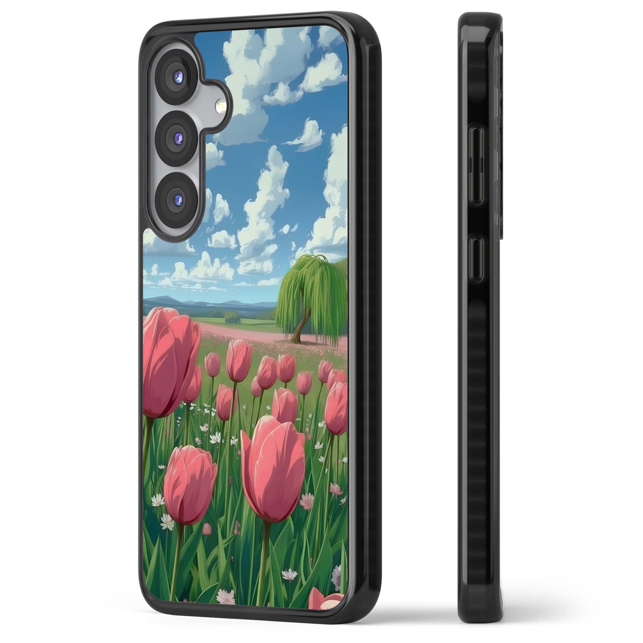 Willow By The Pink Tulips floral iPhone case | Black Impact case for Samsung Galaxy S25, Samsung Galaxy S25 Plus