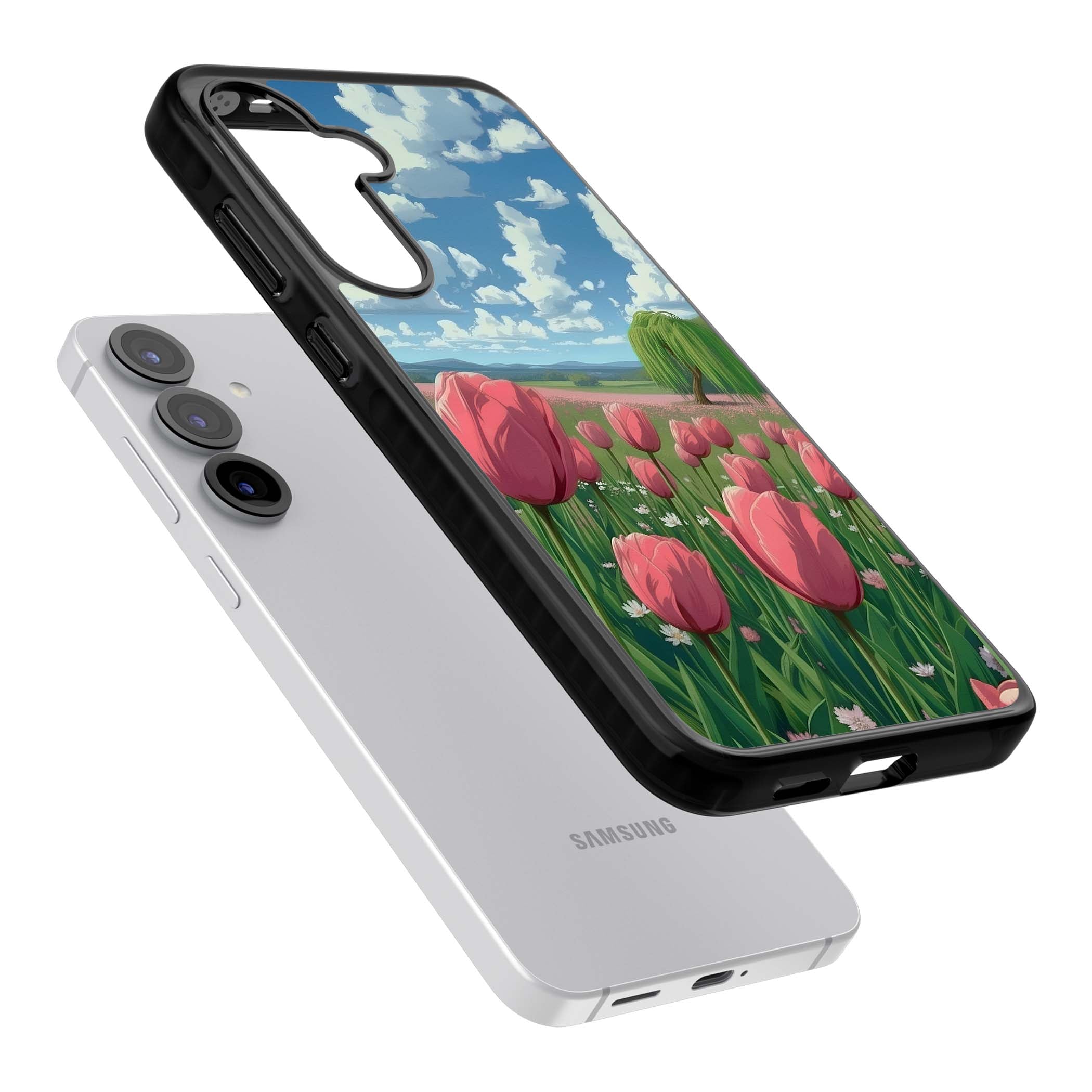 Willow By The Pink Tulips floral iPhone case | Black Impact case for Samsung Galaxy S25, Samsung Galaxy S25 Plus