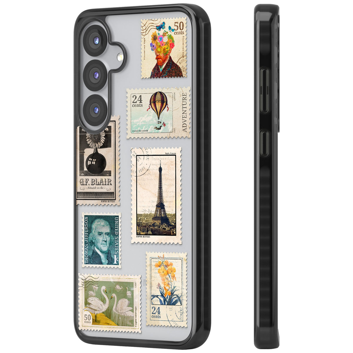 Vintage Stamps Samsung S25 / Samsung S25 Plus / Samsung S26 / Samsung S26 Plus Impact Black Phone Case side