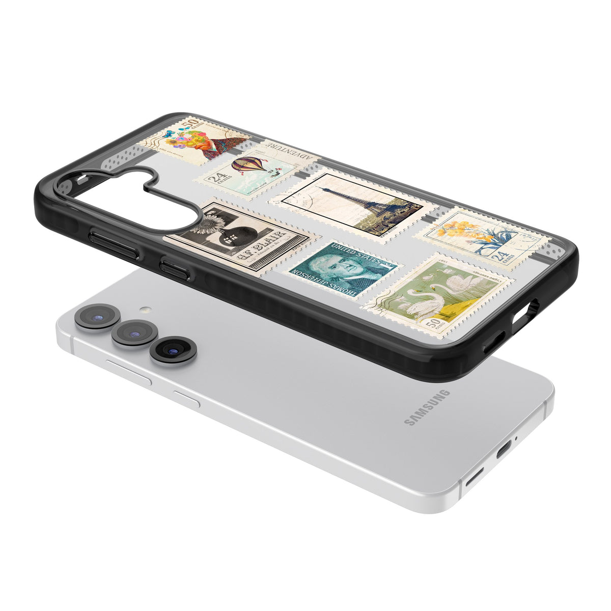 Vintage Stamps Samsung S25 / Samsung S25 Plus / Samsung S26 / Samsung S26 Plus Impact Black Phone Case angled