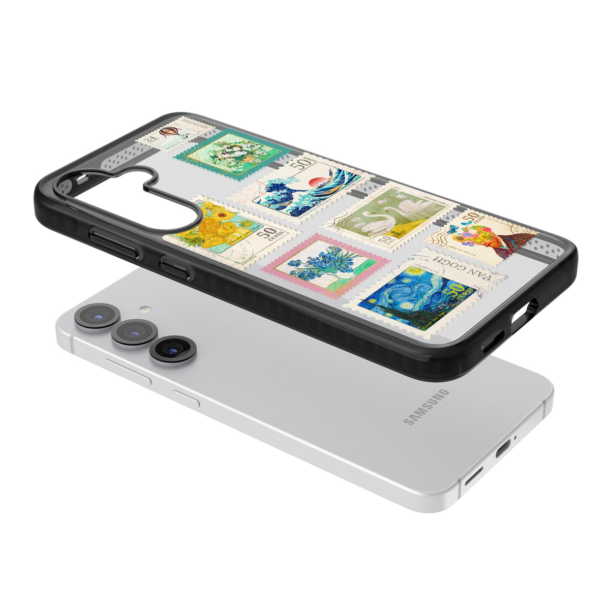 Vintage Art Stamps Samsung S25 / Samsung S25 Plus / Samsung S26 / Samsung S26 Plus Impact Black Phone Case angled