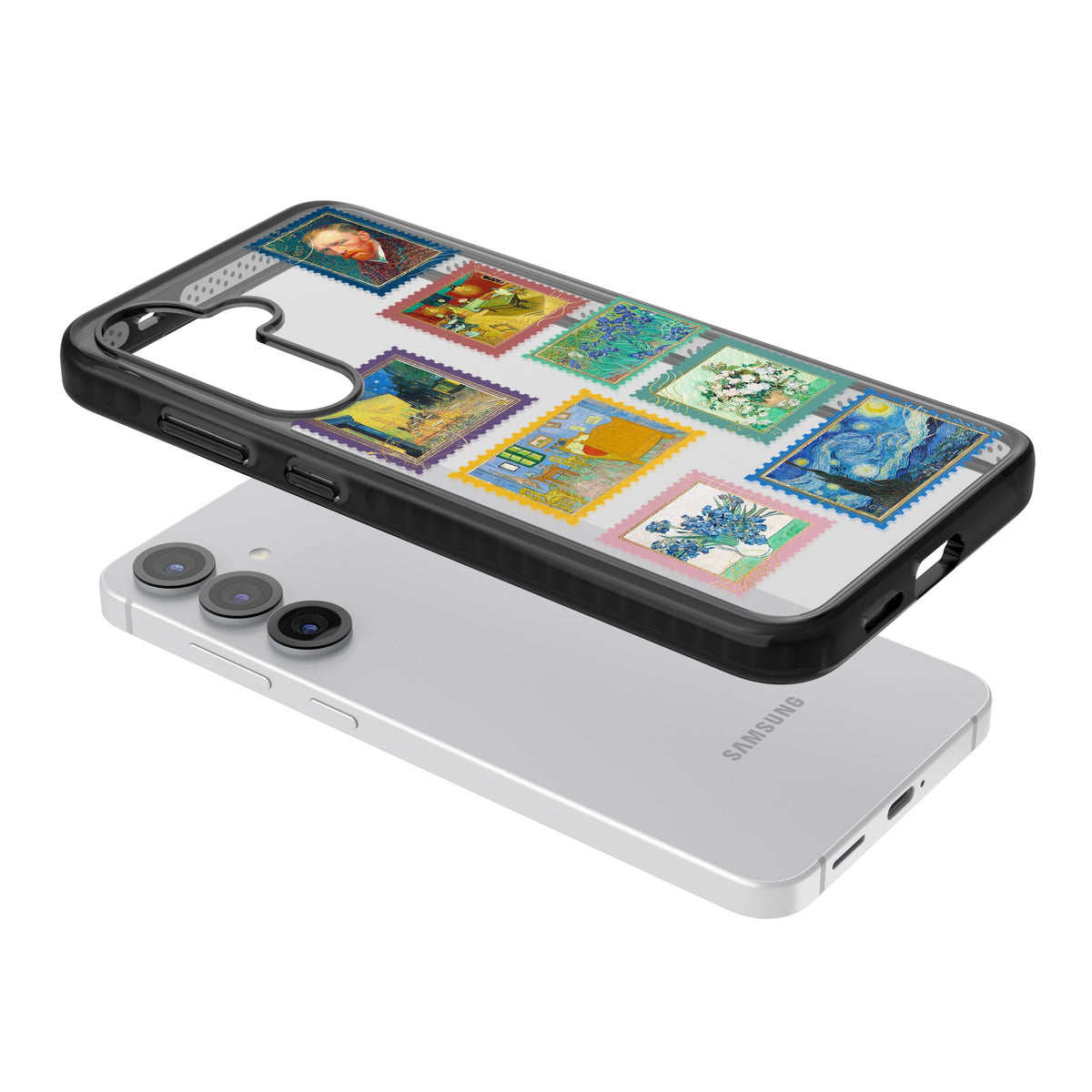 Coloured Vintage Art Stamps Samsung S25 / Samsung S25 Plus / Samsung S26 / Samsung S26 Plus Impact Black Phone Case angled