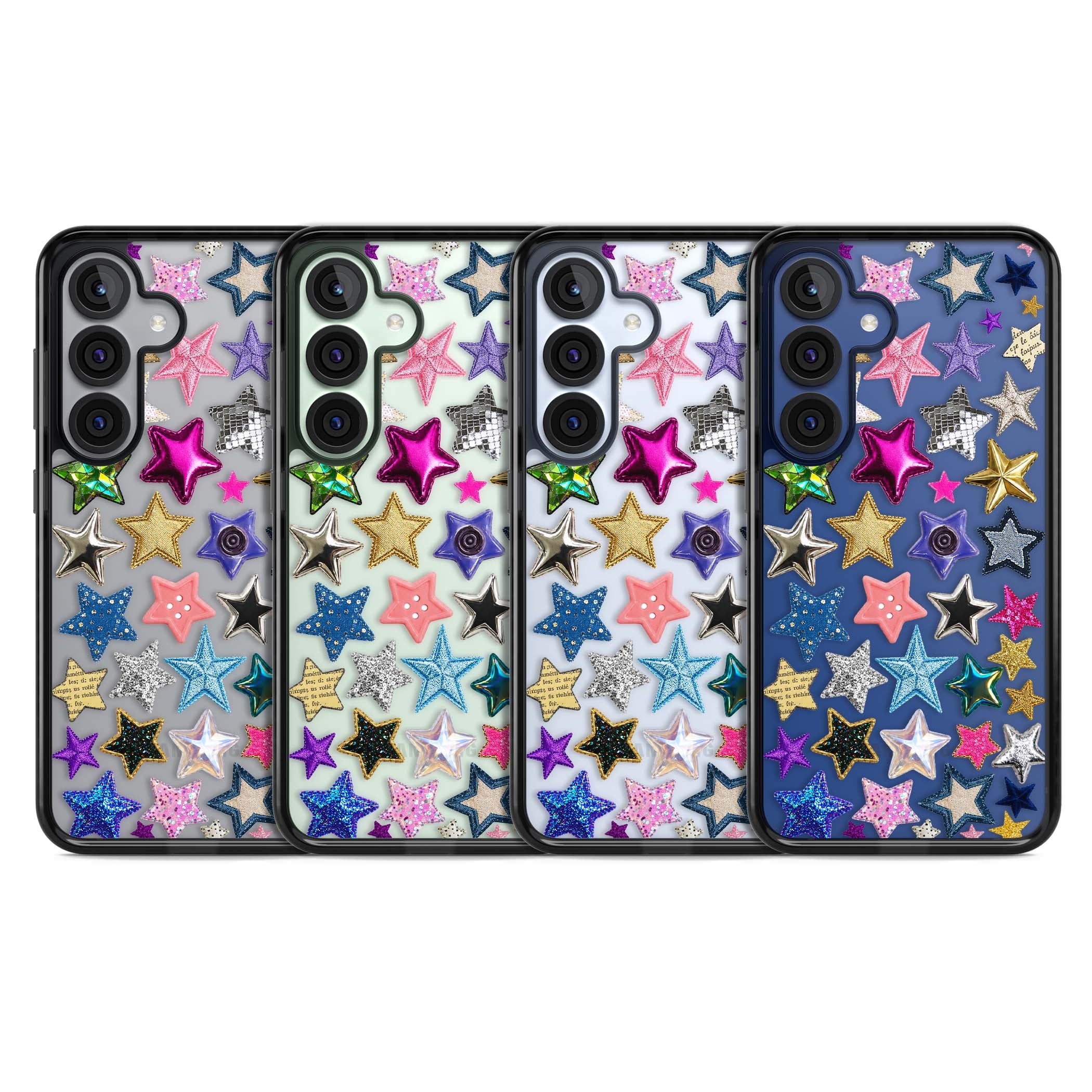 Crafty Star Mix Y2K iPhone case featuring embroidered, sequinned and glitter star patches in rainbow colours | Black Impact case for Samsung Galaxy S25, Samsung Galaxy S25 Plus