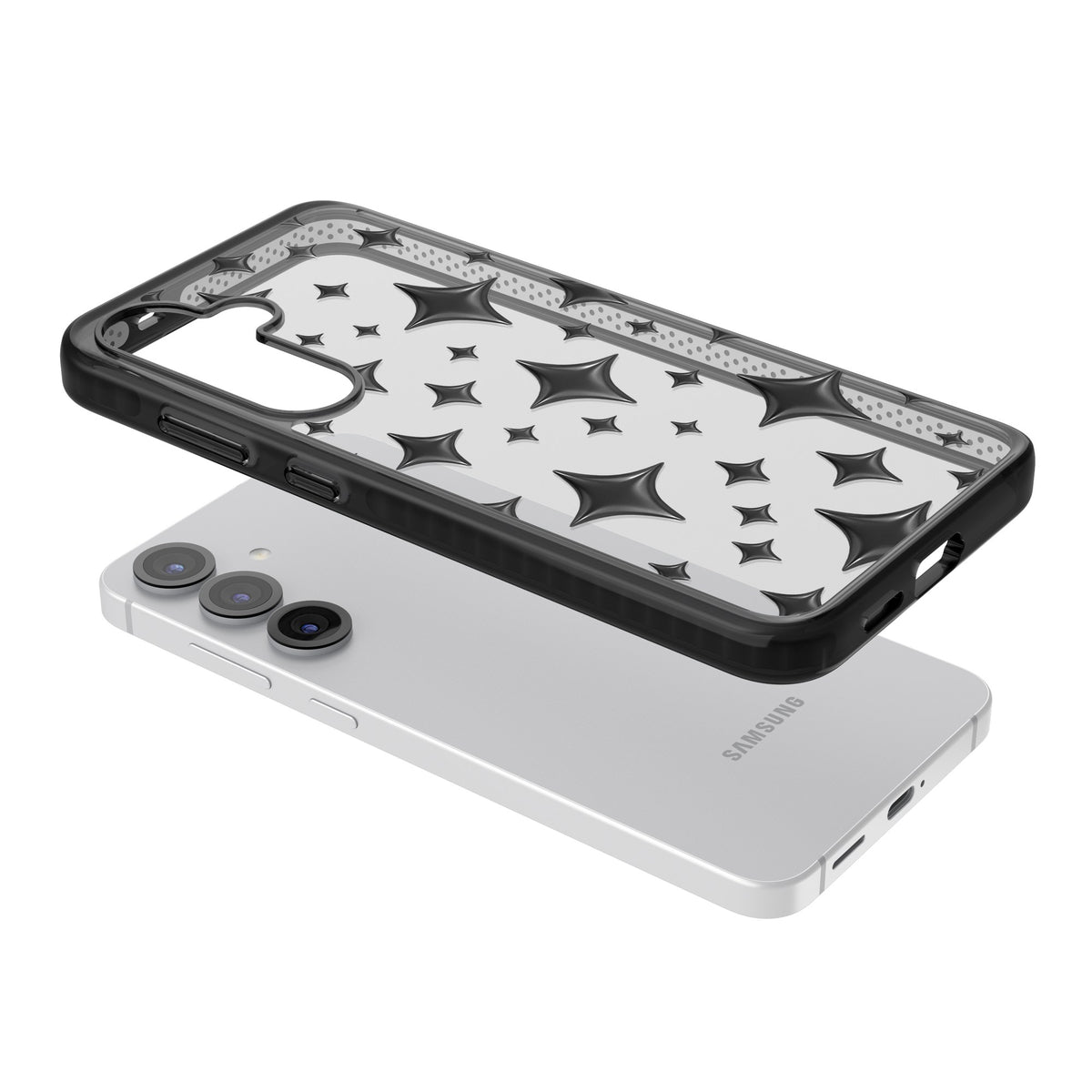 Black Puff Sparkle Pattern Samsung S25 / Samsung S25 Plus / Samsung S26 / Samsung S26 Plus Impact Black Phone Case angled