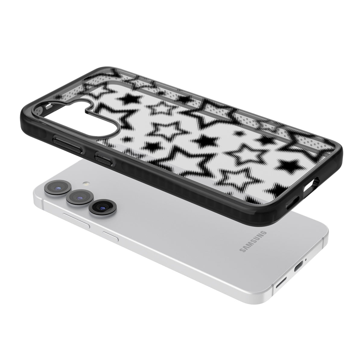 Black Halftone Stars (Clear) Samsung S25 / Samsung S25 Plus / Samsung S26 / Samsung S26 Plus Impact Black Phone Case angled