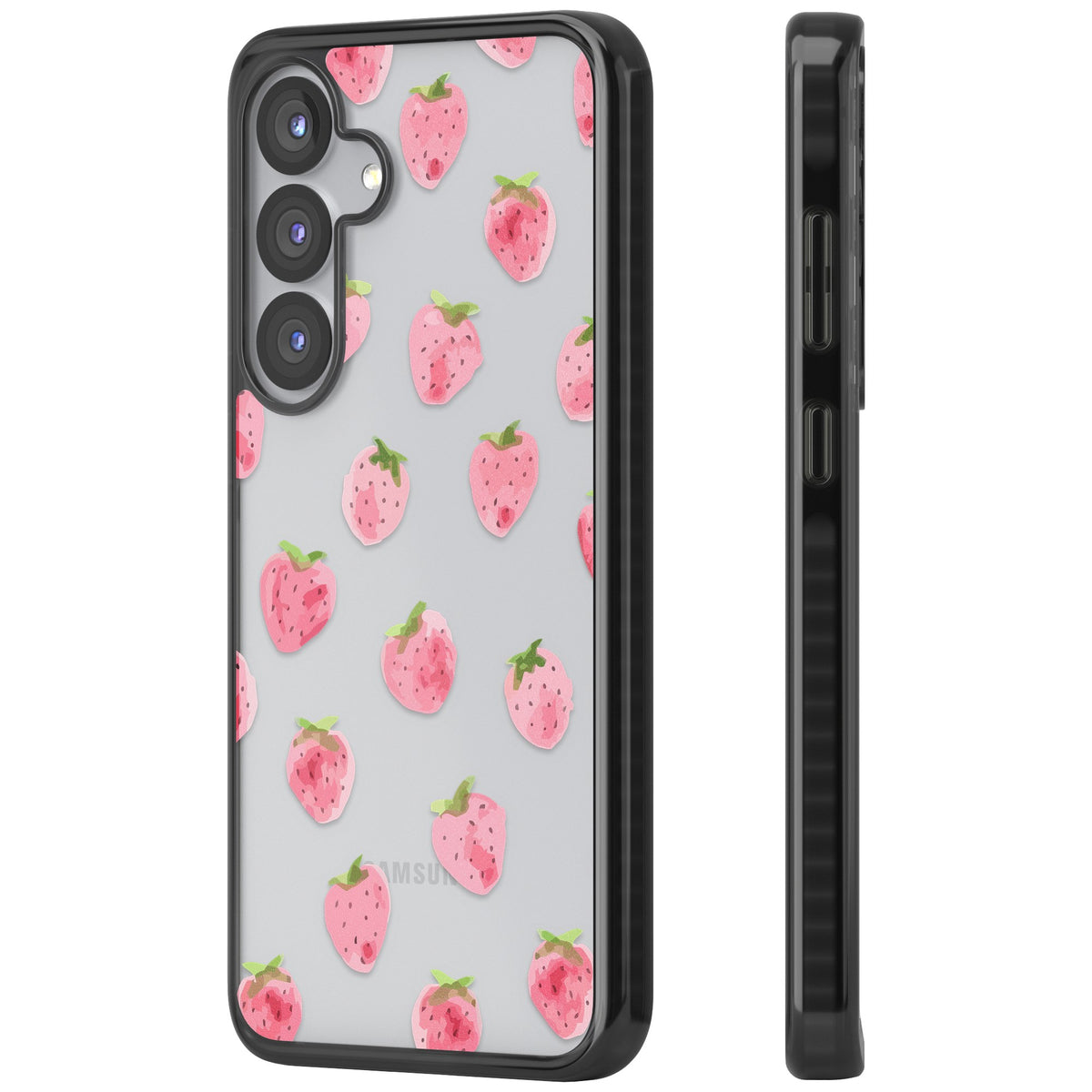 Pink Strawberry Samsung S25 / Samsung S25 Plus / Samsung S26 / Samsung S26 Plus Impact Black Phone Case side
