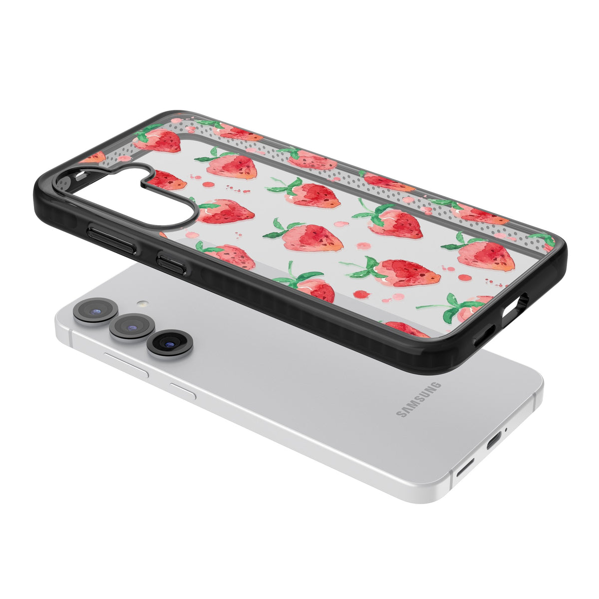Strawberry Watercolour Samsung S25 / Samsung S25 Plus / Samsung S26 / Samsung S26 Plus Impact Black Phone Case angled