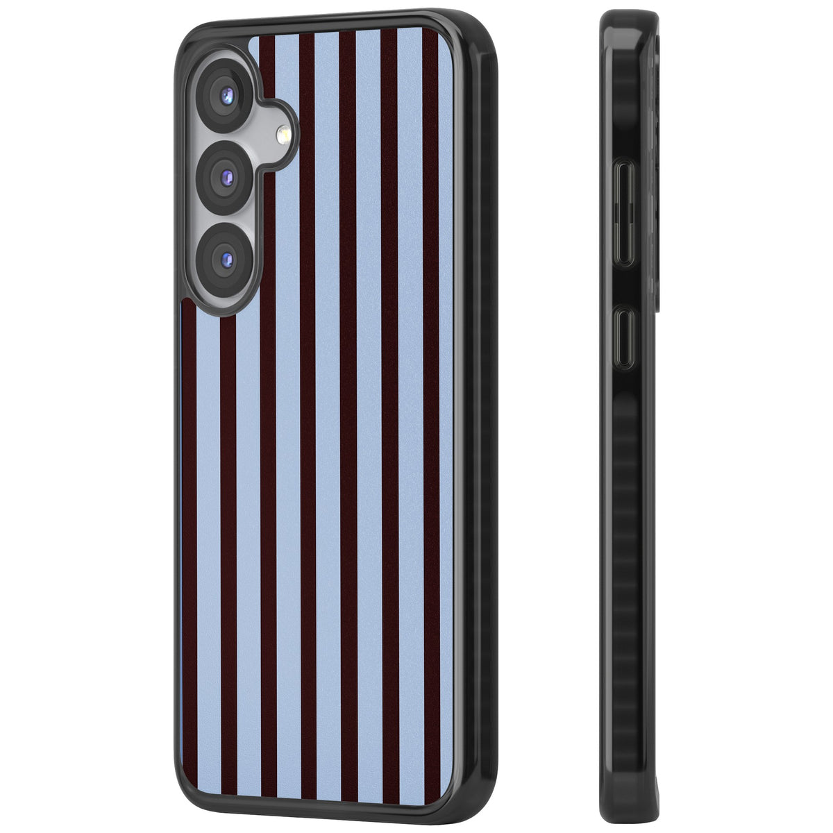 Blackcurrant Stripe preppy iPhone case featuring vertical burgundy and light blue stripes in a classic pinstripe layout Samsung S25 / Samsung S25 Plus / Samsung S26 / Samsung S26 Plus Impact Black Phone Case side