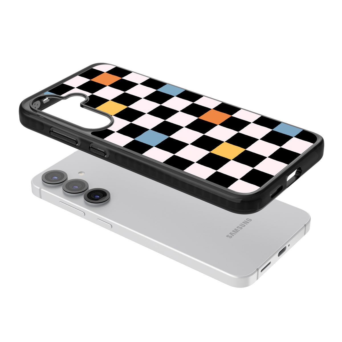 Vibrant Retro Check Samsung S25 / Samsung S25 Plus / Samsung S26 / Samsung S26 Plus Impact Black Phone Case angled