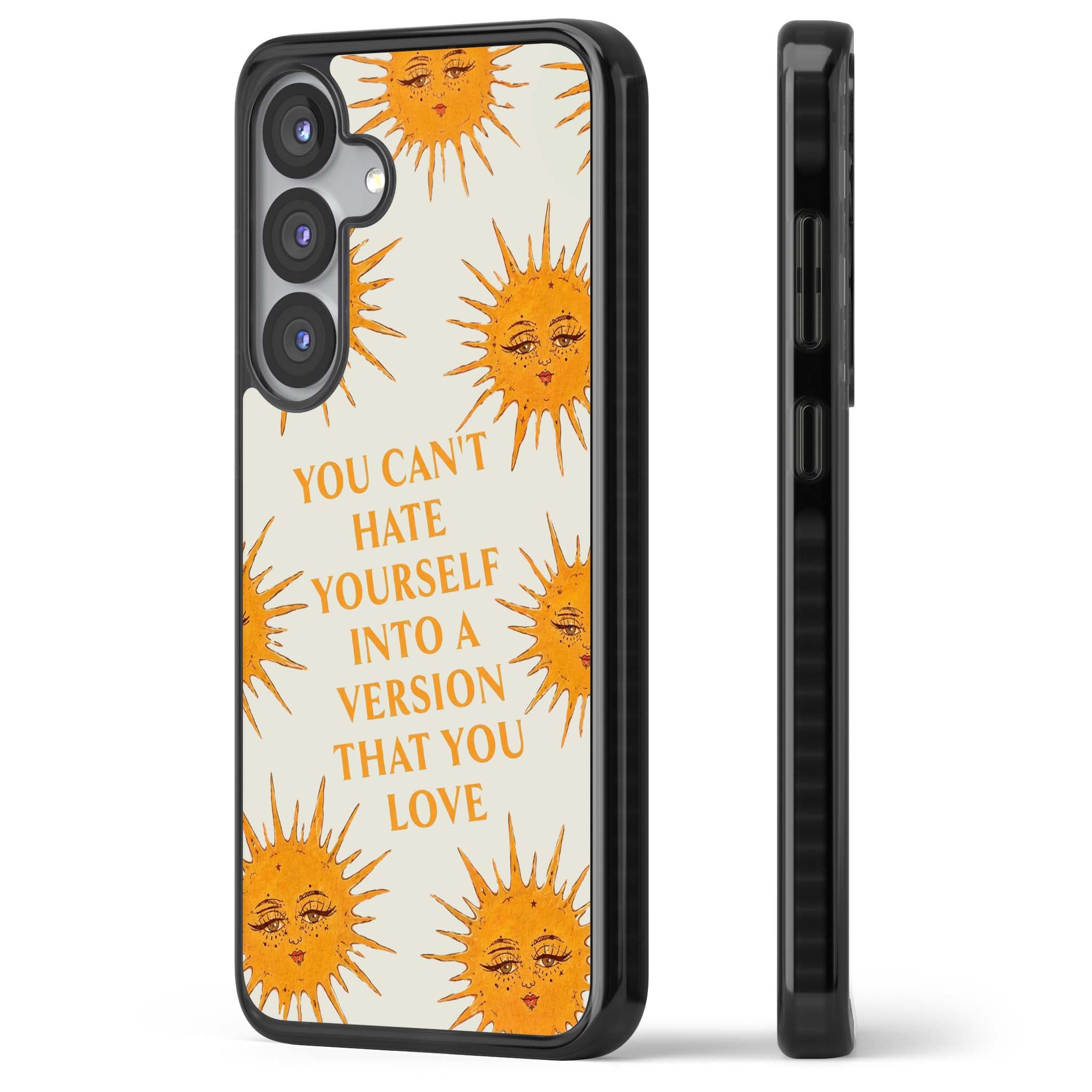 Don't Hate Yourself celestial iPhone case featuring vintage sun faces, ochre rays and a self-love quote | Black Impact case for Samsung Galaxy S25, Samsung Galaxy S25 Plus