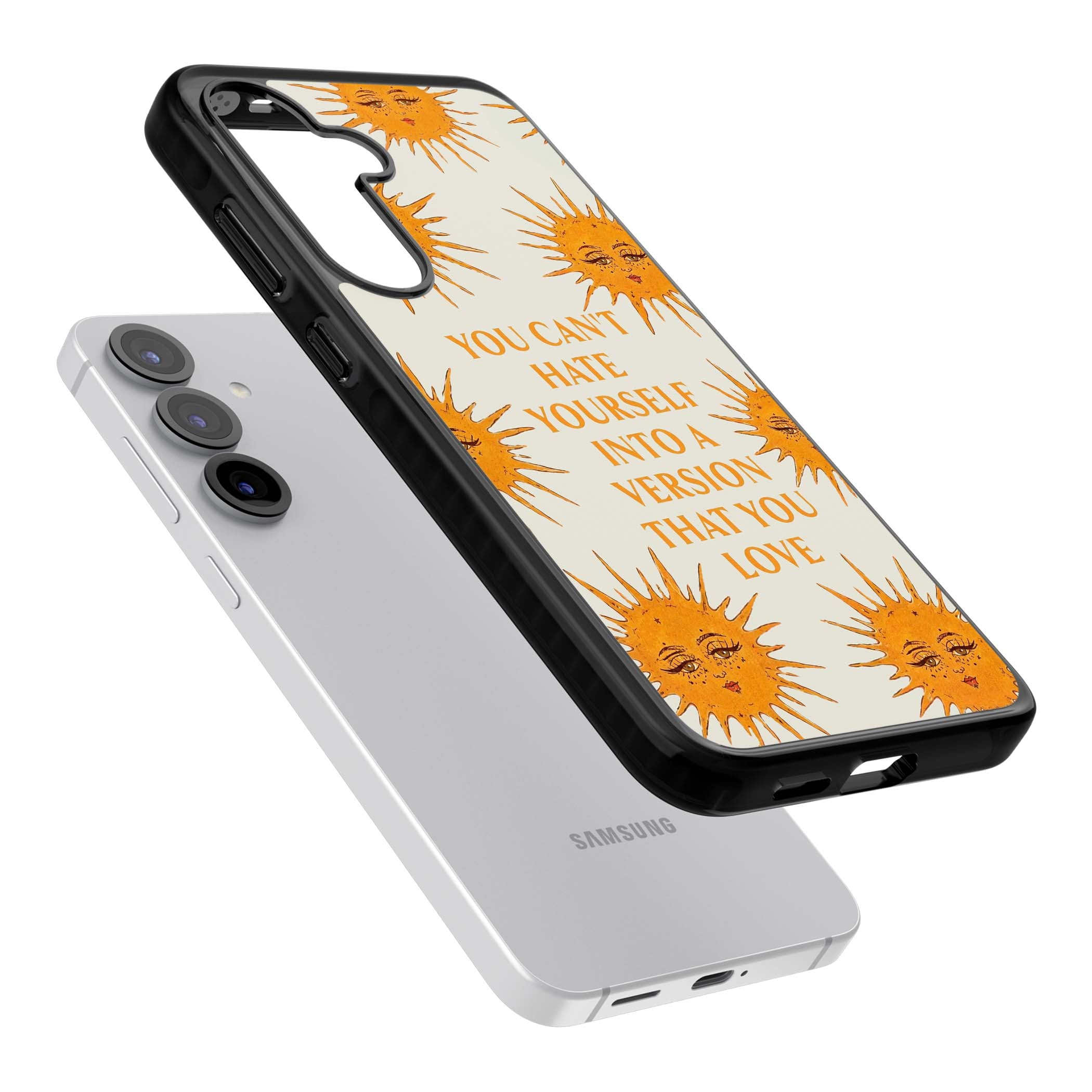 Don't Hate Yourself celestial iPhone case featuring vintage sun faces, ochre rays and a self-love quote | Black Impact case for Samsung Galaxy S25, Samsung Galaxy S25 Plus
