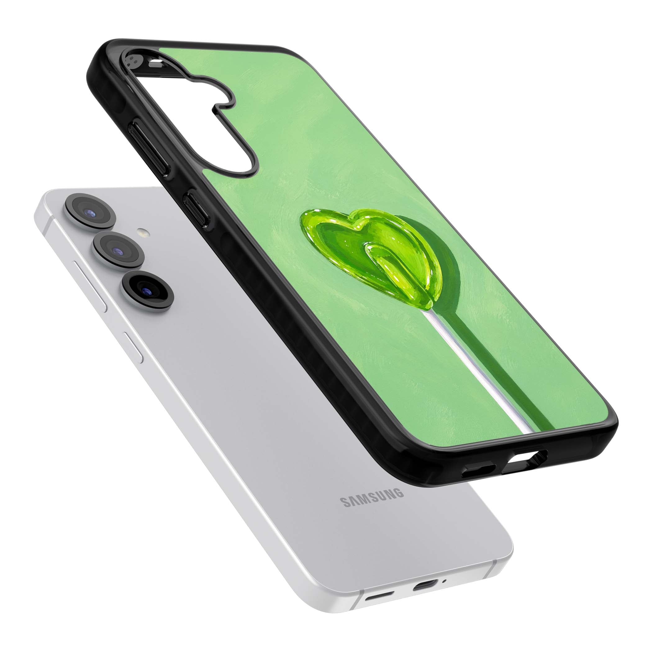 Green Lollipop candy art iPhone case featuring a glossy green heart-shaped lollipop on a painted pastel green background | Black Impact case for Samsung Galaxy S25, Samsung Galaxy S25 Plus