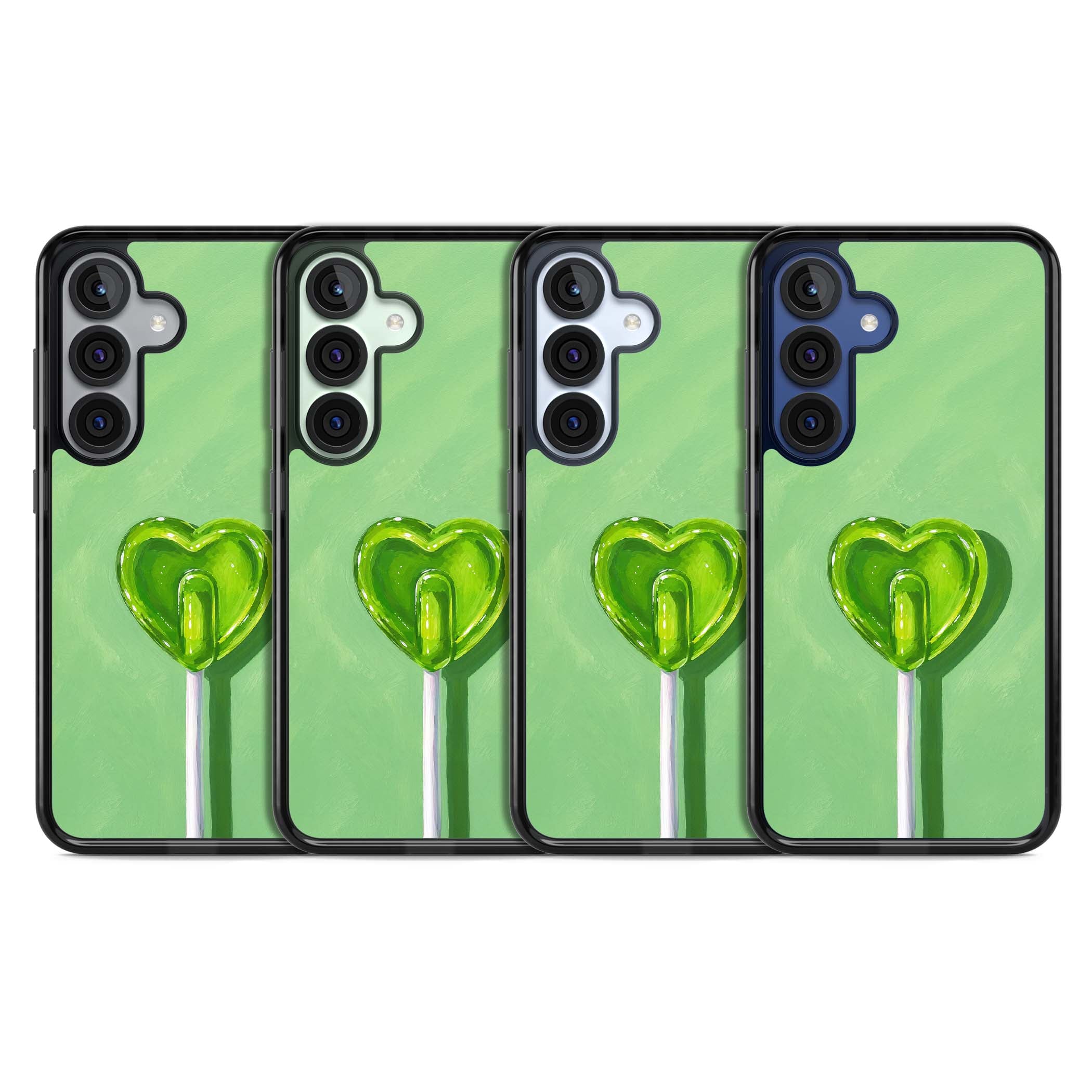 Green Lollipop candy art iPhone case featuring a glossy green heart-shaped lollipop on a painted pastel green background | Black Impact case for Samsung Galaxy S25, Samsung Galaxy S25 Plus