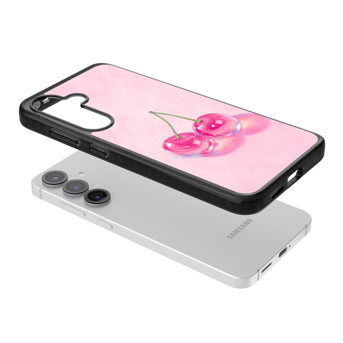 Pink Glass Cherry Samsung S25 / Samsung S25 Plus / Samsung S26 / Samsung S26 Plus Impact Black Phone Case angled
