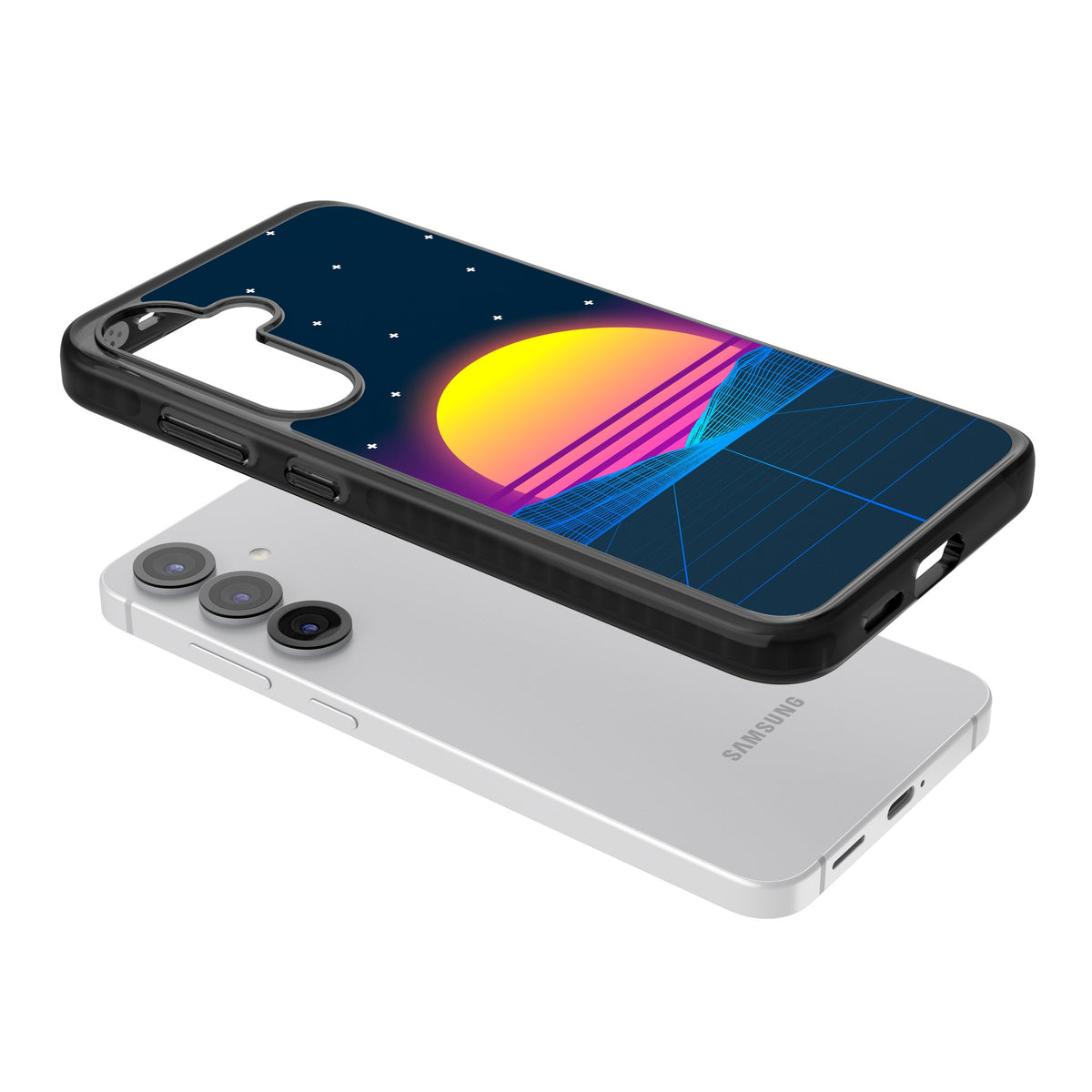 Sunset Vaporwave Samsung S25 / Samsung S25 Plus / Samsung S26 / Samsung S26 Plus Impact Black Phone Case angled