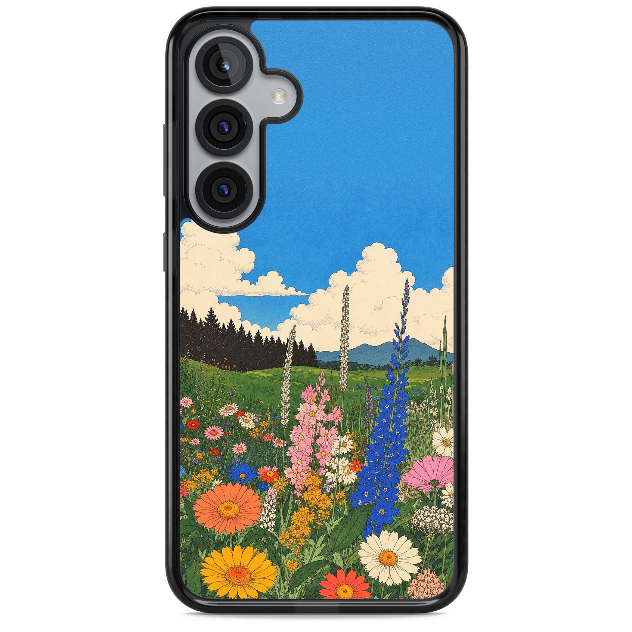 Wildbloom wildflower iPhone case featuring a vintage Japanese-style meadow landscape with daisies, delphiniums and moun | Black Impact case for Samsung Galaxy S25, Samsung Galaxy S25 Plus
