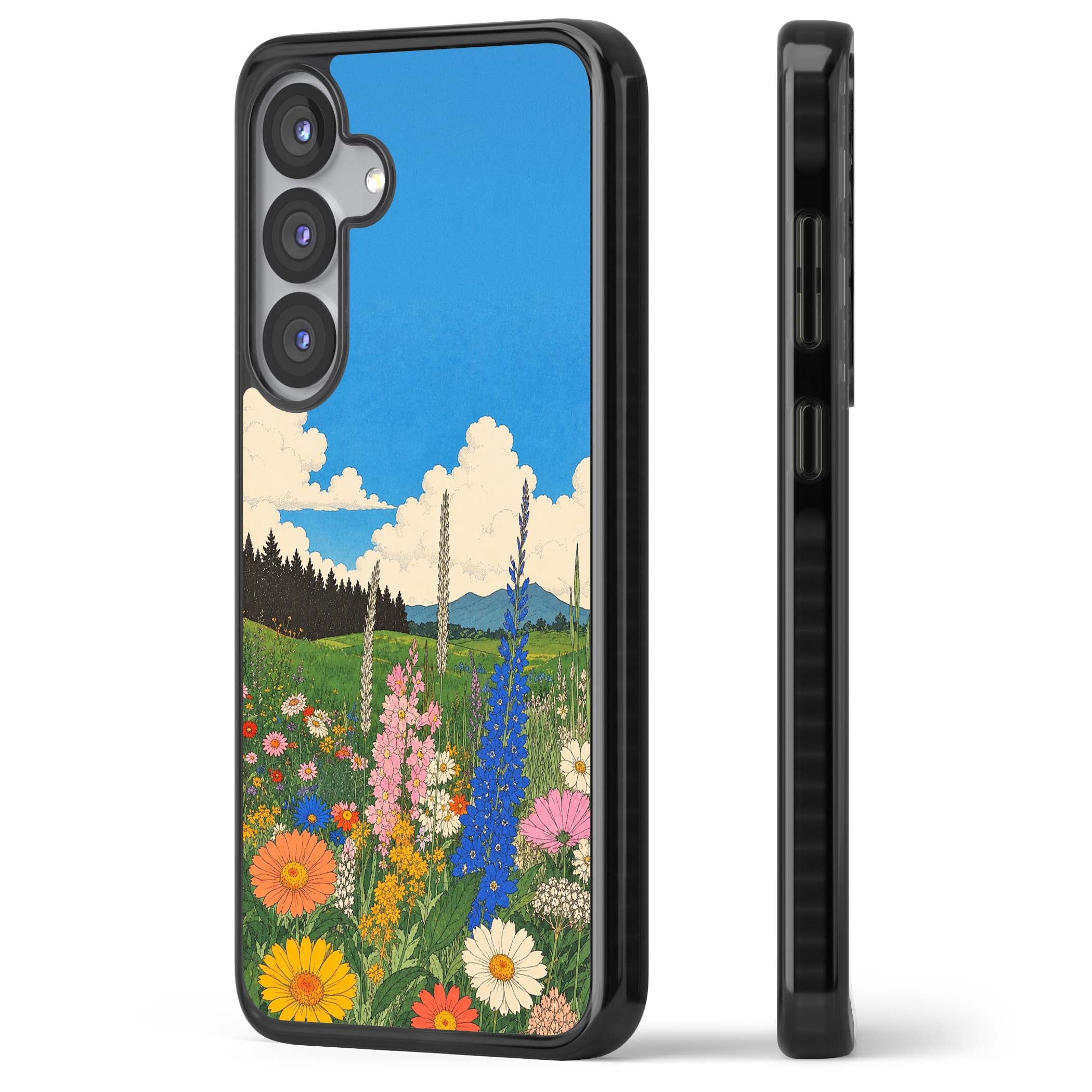 Wildbloom wildflower iPhone case featuring a vintage Japanese-style meadow landscape with daisies, delphiniums and moun | Black Impact case for Samsung Galaxy S25, Samsung Galaxy S25 Plus