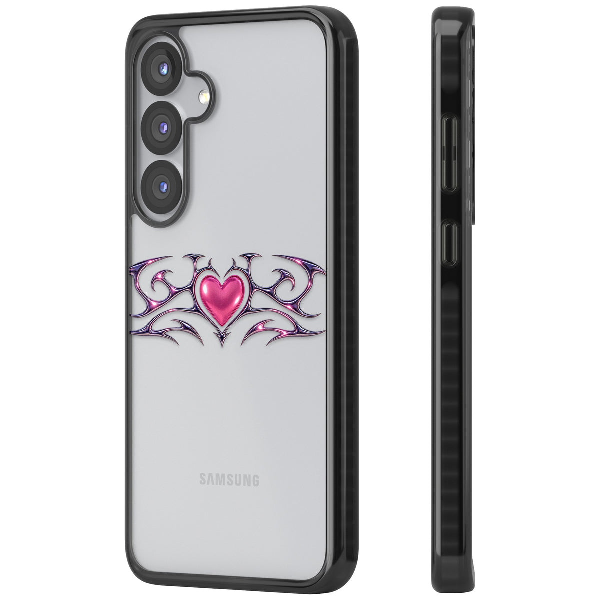 Pink Chrome Heart Samsung S25 / Samsung S25 Plus / Samsung S26 / Samsung S26 Plus Impact Black Phone Case side