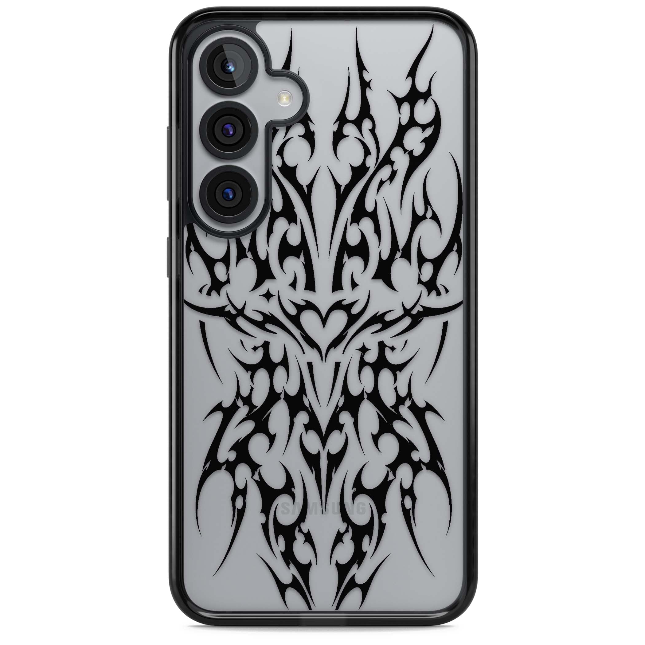 Neo Tribal Heart gothic iPhone case featuring symmetrical black tribal tattoo art with sharp thorn-like linework | Black Impact case for Samsung Galaxy S25, Samsung Galaxy S25 Plus