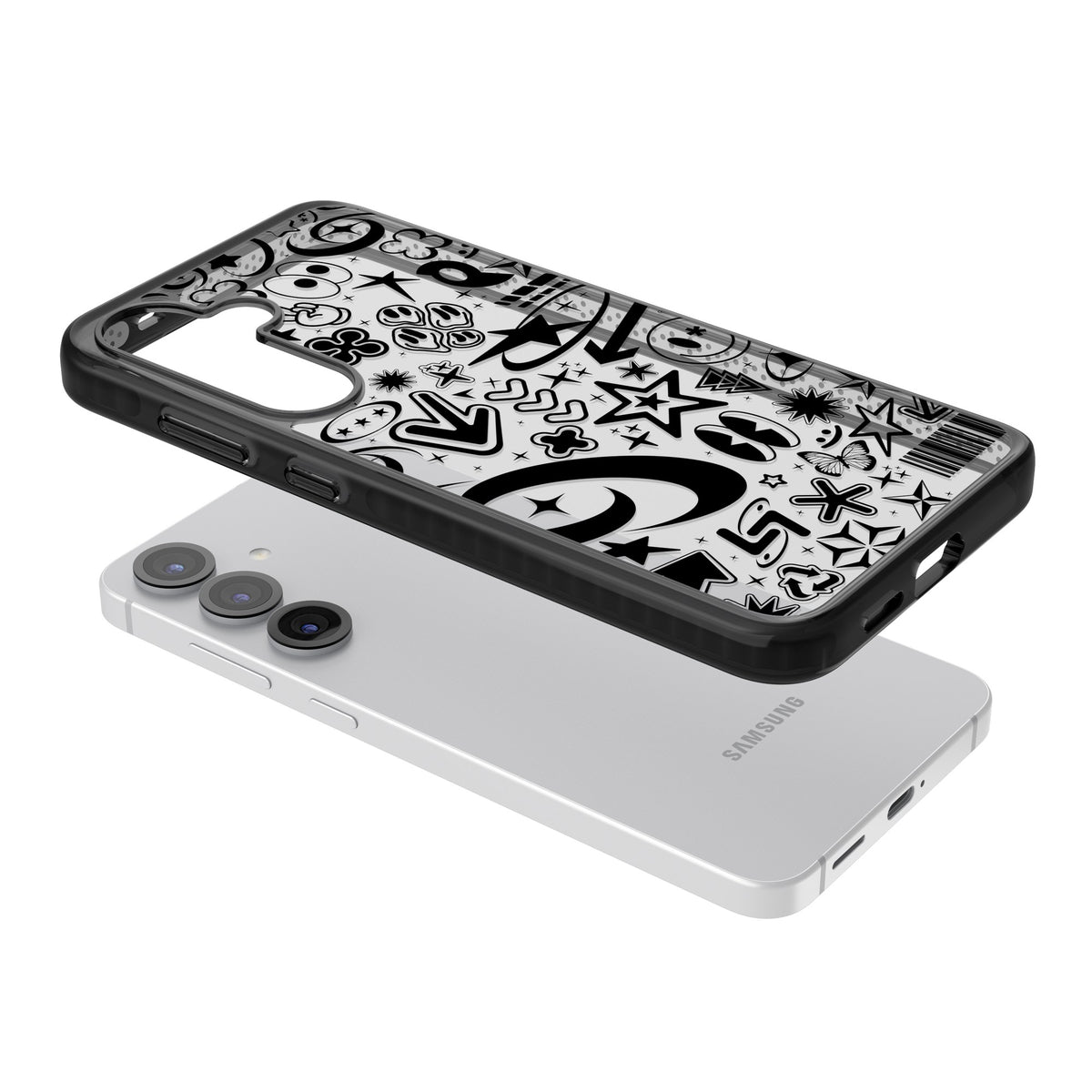 Black Y2K Pattern Samsung S25 / Samsung S25 Plus / Samsung S26 / Samsung S26 Plus Impact Black Phone Case angled