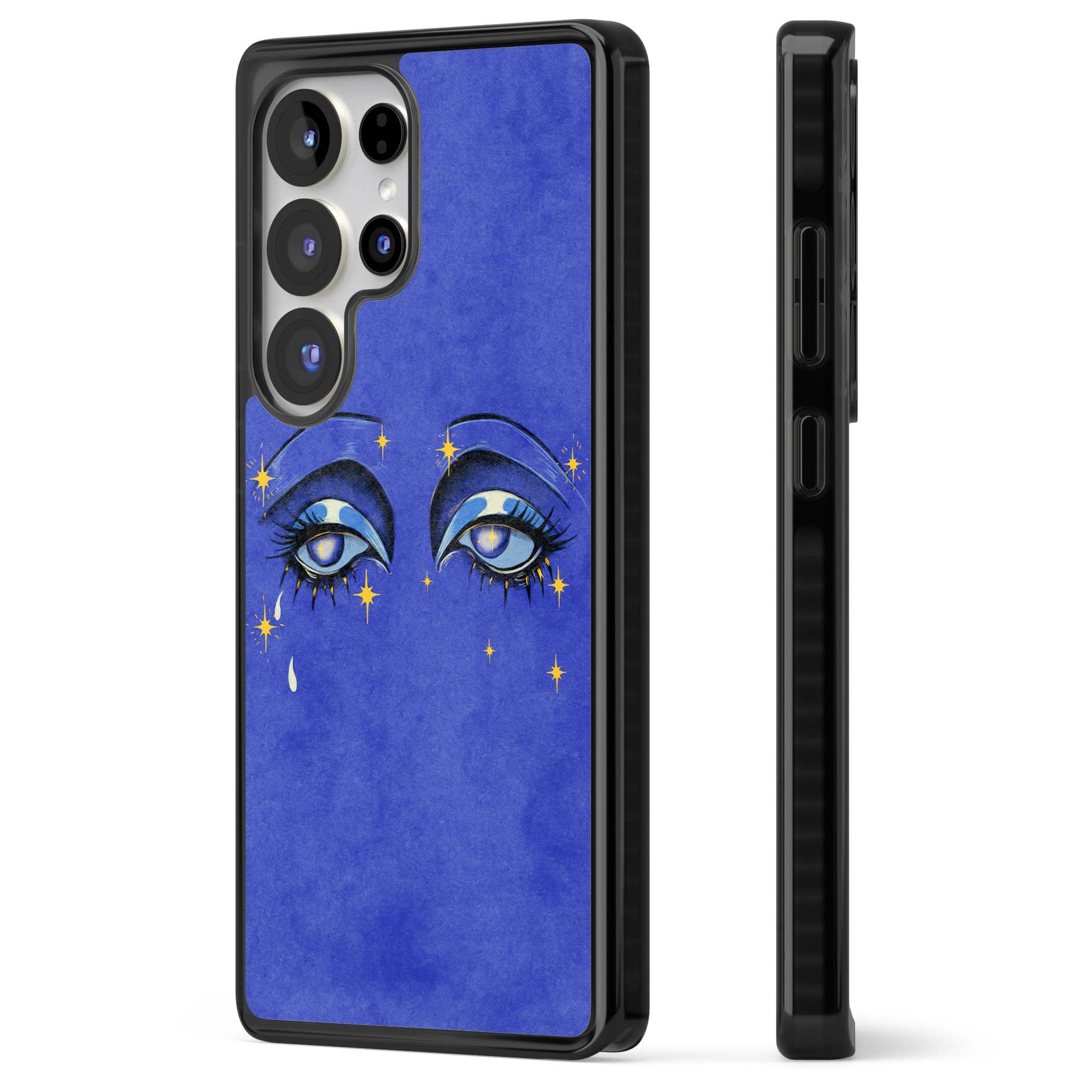Blue Mystic Eyes celestial iPhone case featuring hand drawn blue mystical eyes, golden stars and a painted tear on indigo | Black Impact case for Samsung Galaxy S25 Ultra
