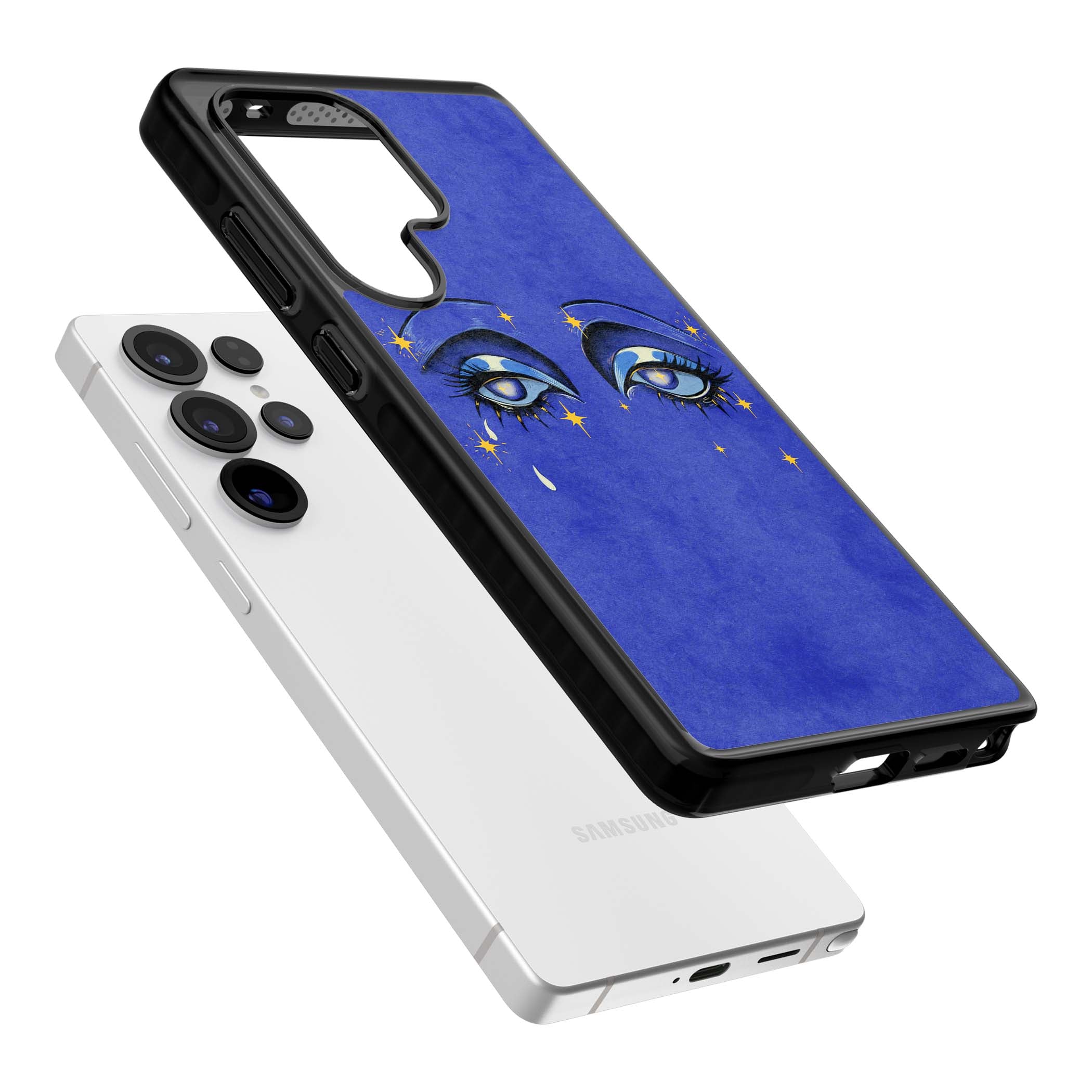 Blue Mystic Eyes celestial iPhone case featuring hand drawn blue mystical eyes, golden stars and a painted tear on indigo | Black Impact case for Samsung Galaxy S25 Ultra