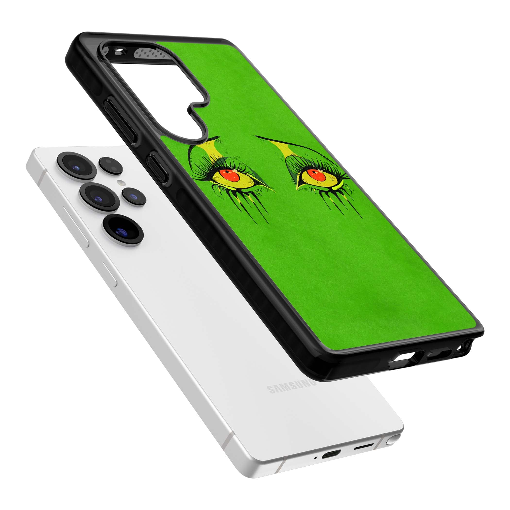Green Enchanted Eyes psychedelic art iPhone case featuring hand-drawn dripping eyes on neon green background | Black Impact case for Samsung Galaxy S25 Ultra