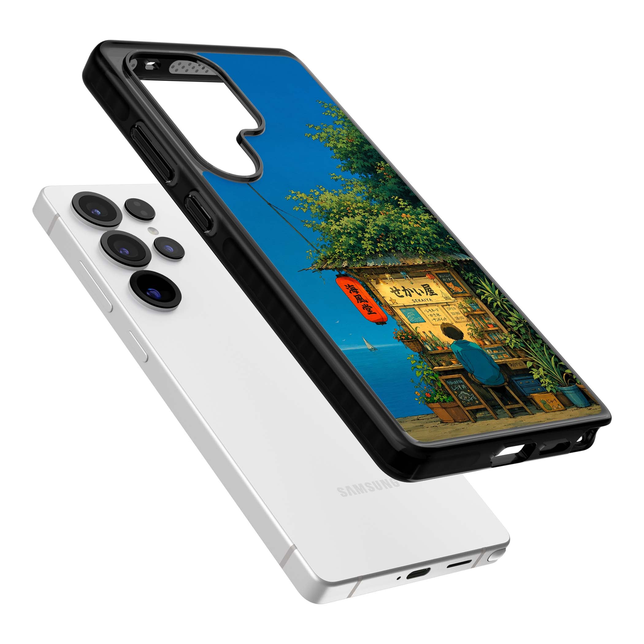 The Shirahama Kiosk anime iPhone case featuring a Japanese seaside shop, red paper lantern and ocean view | Black Impact case for Samsung Galaxy S25 Ultra