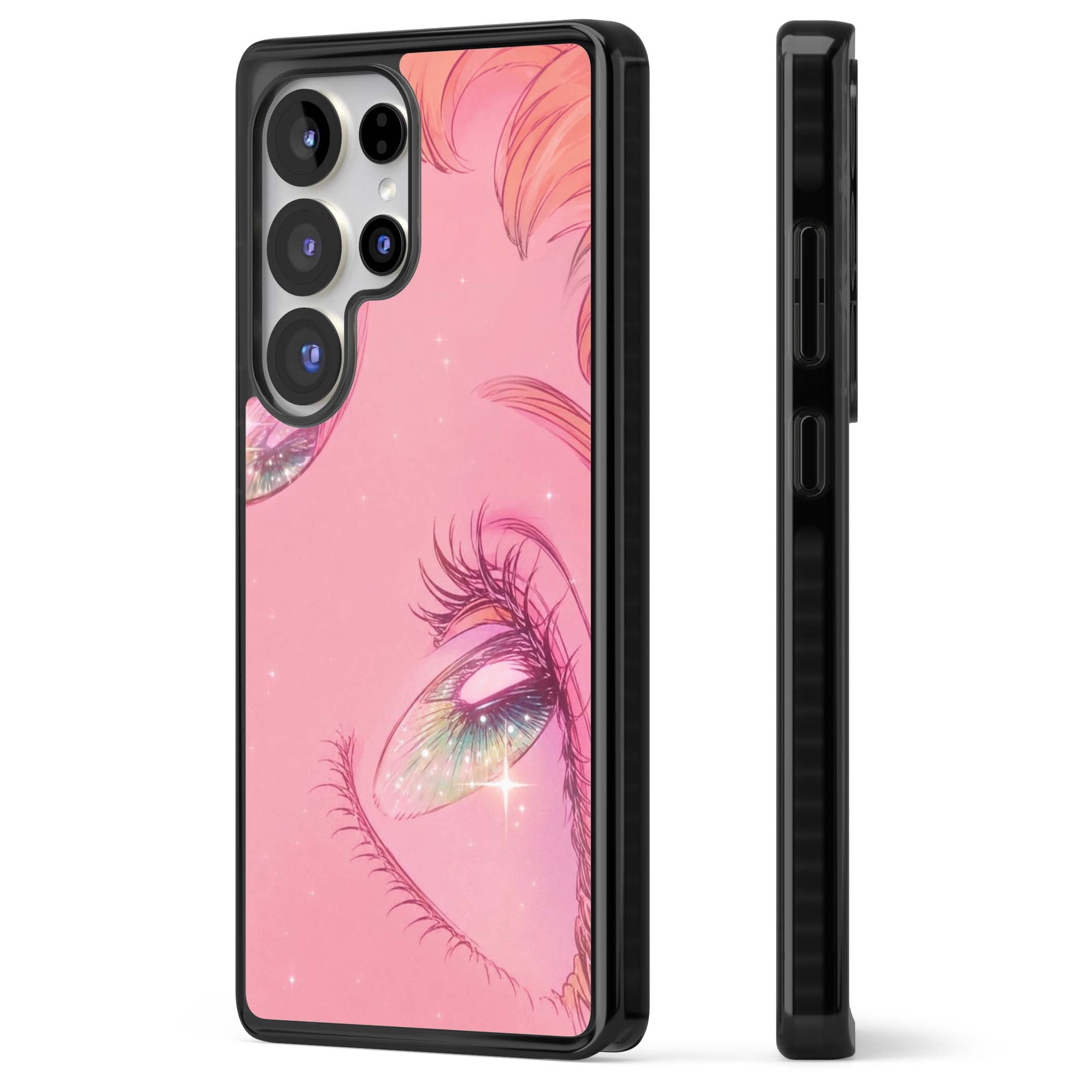 Pink Ethereal Gaze anime iPhone case featuring sparkling manga eyes, coral lashes and dreamy peach sky | Black Impact case for Samsung Galaxy S25 Ultra