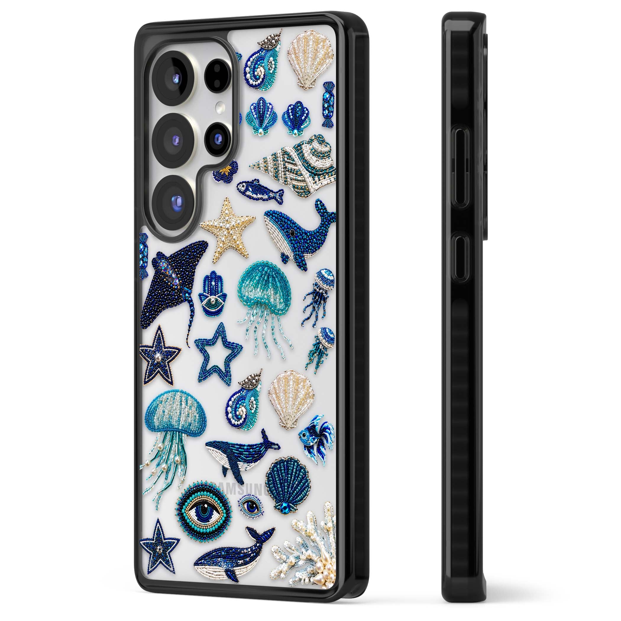 Beaded Coastal coastal iPhone case featuring embroidered seashells, jellyfish and a blue whale on clear | Black Impact case for Samsung Galaxy S25 Ultra
