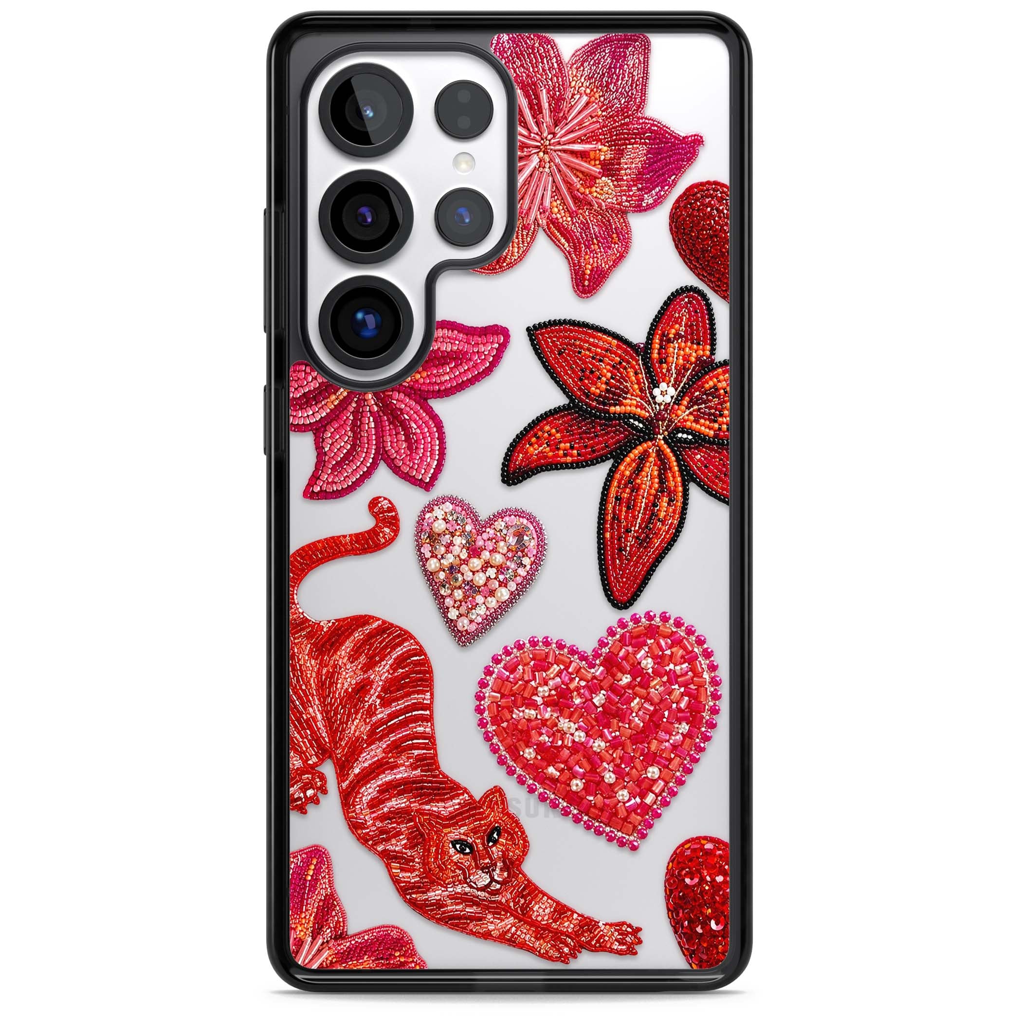 Beaded Boho floral iPhone case featuring beaded red lilies, a stitched tiger, and pearl-encrusted hearts on clear | Black Impact case for Samsung Galaxy S25 Ultra