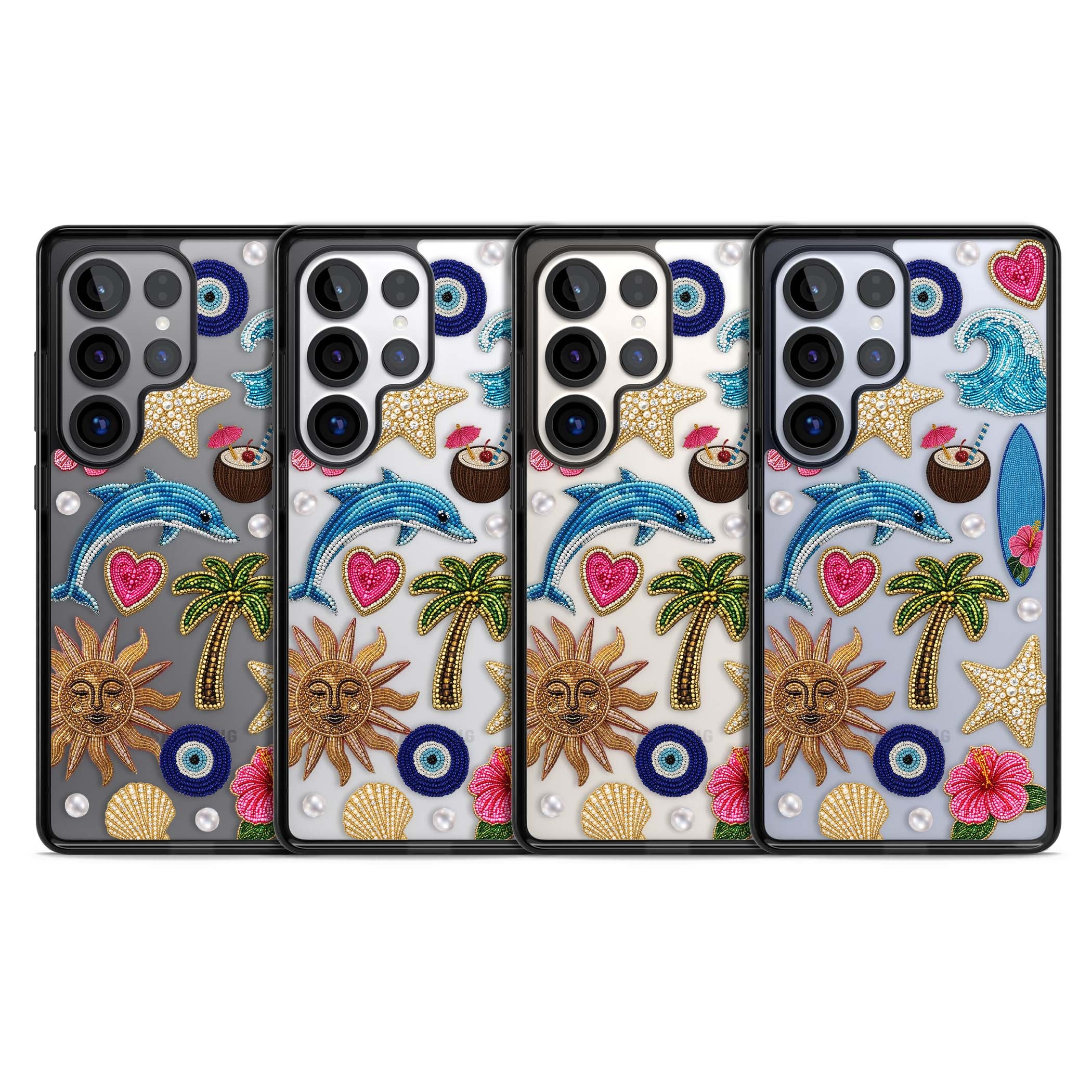 Beaded Beach coastal summer iPhone case featuring embroidered evil eye, hibiscus flowers, dolphin and palm tree patches | Black Impact case for Samsung Galaxy S25 Ultra
