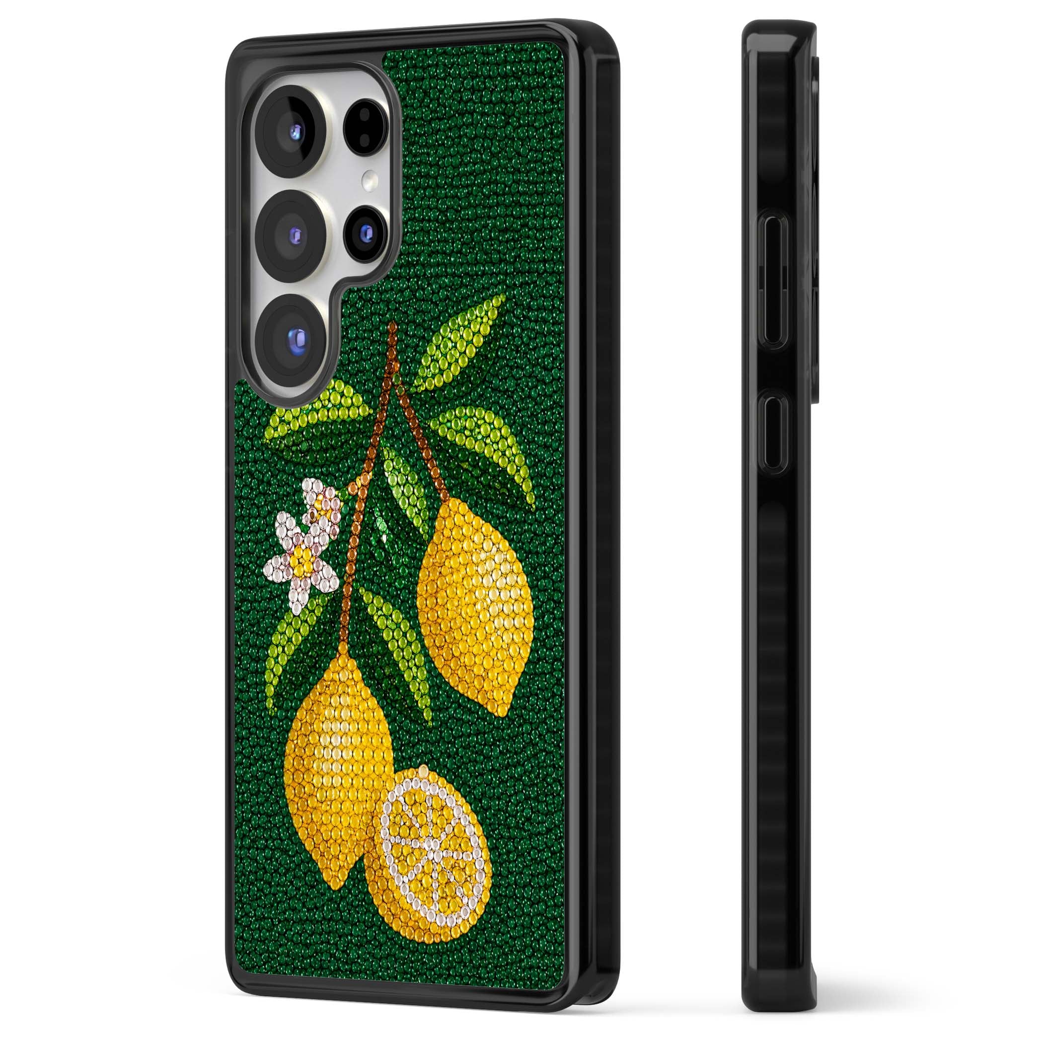 Beaded Lemons coastal iPhone case featuring crystal-beaded lemons, citrus blossom and green leaves on emerald ground | Black Impact case for Samsung Galaxy S25 Ultra