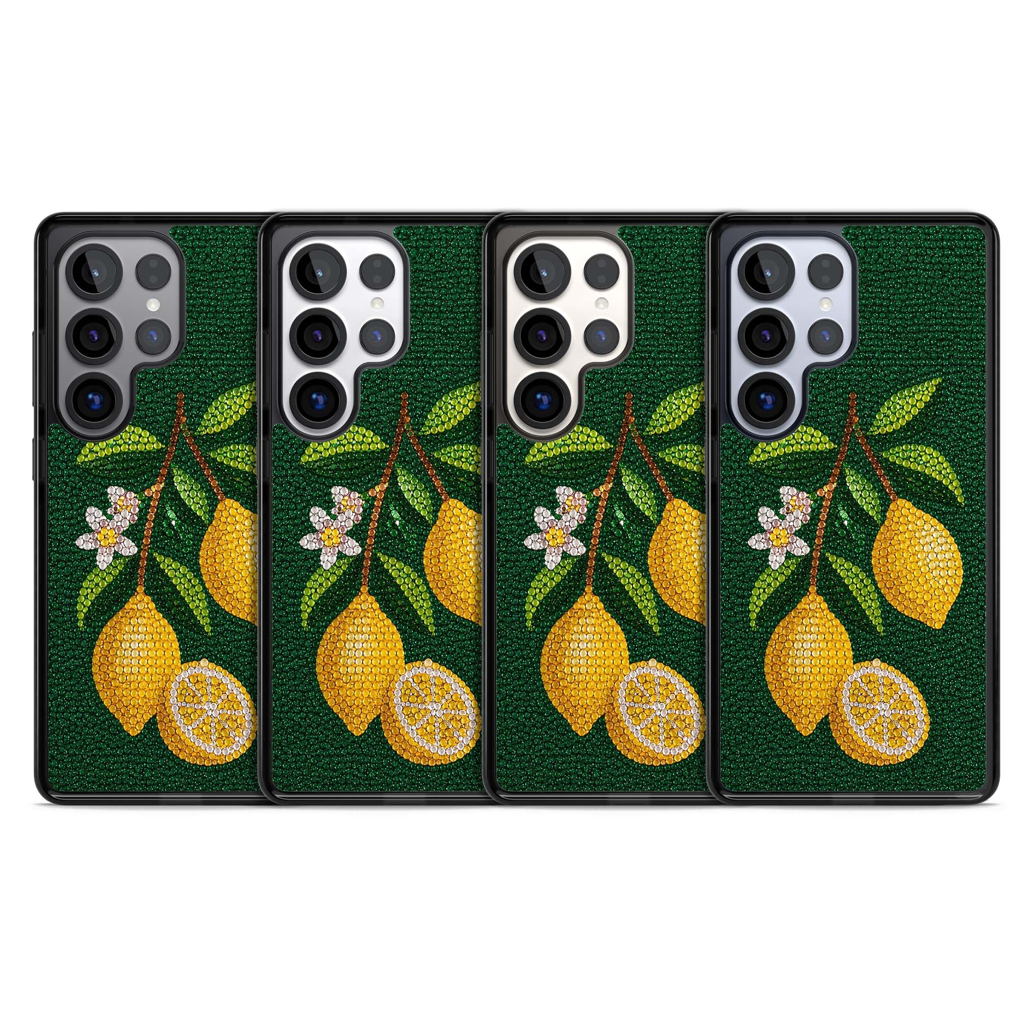 Beaded Lemons coastal iPhone case featuring crystal-beaded lemons, citrus blossom and green leaves on emerald ground | Black Impact case for Samsung Galaxy S25 Ultra