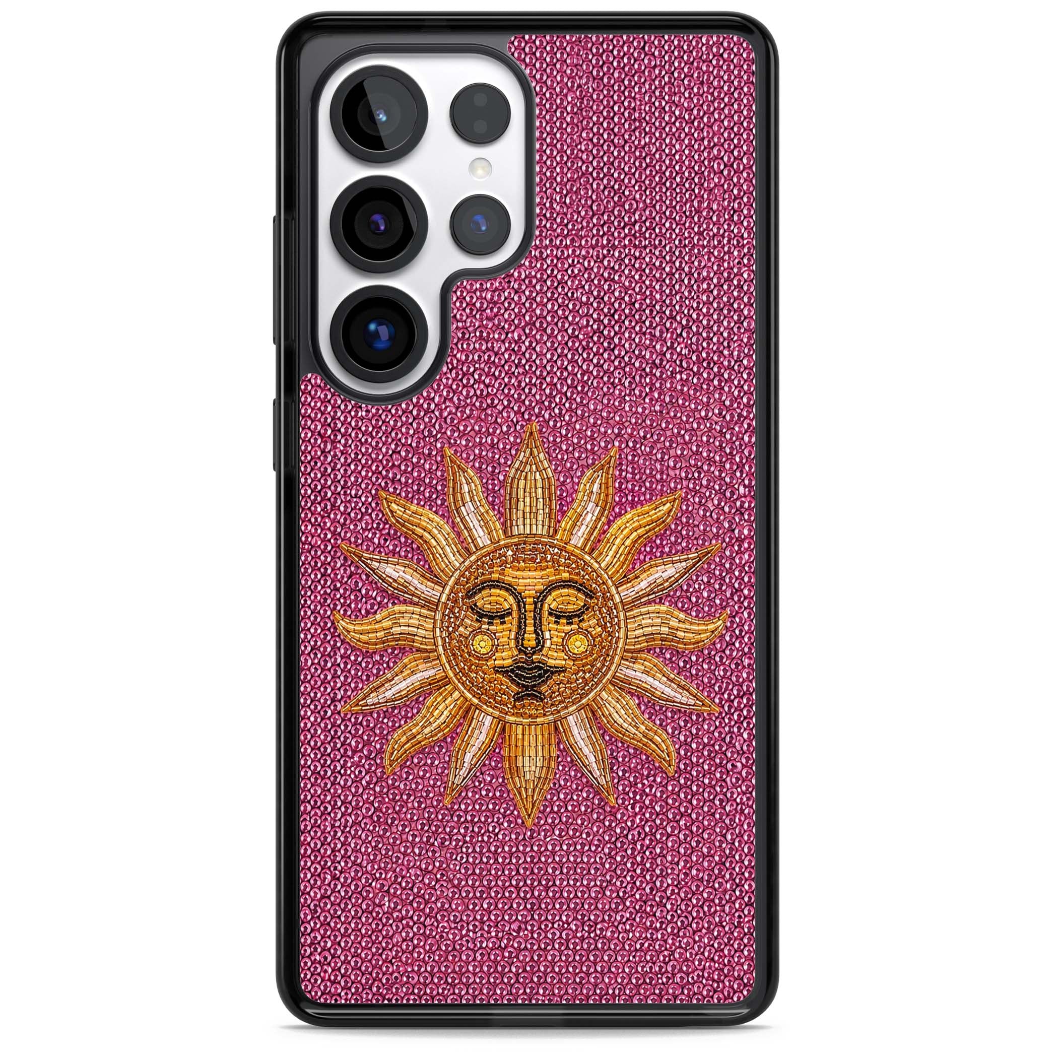 Beaded Sun celestial iPhone case featuring a golden beaded sun face with radiant rays on hot pink beaded background | Black Impact case for Samsung Galaxy S25 Ultra