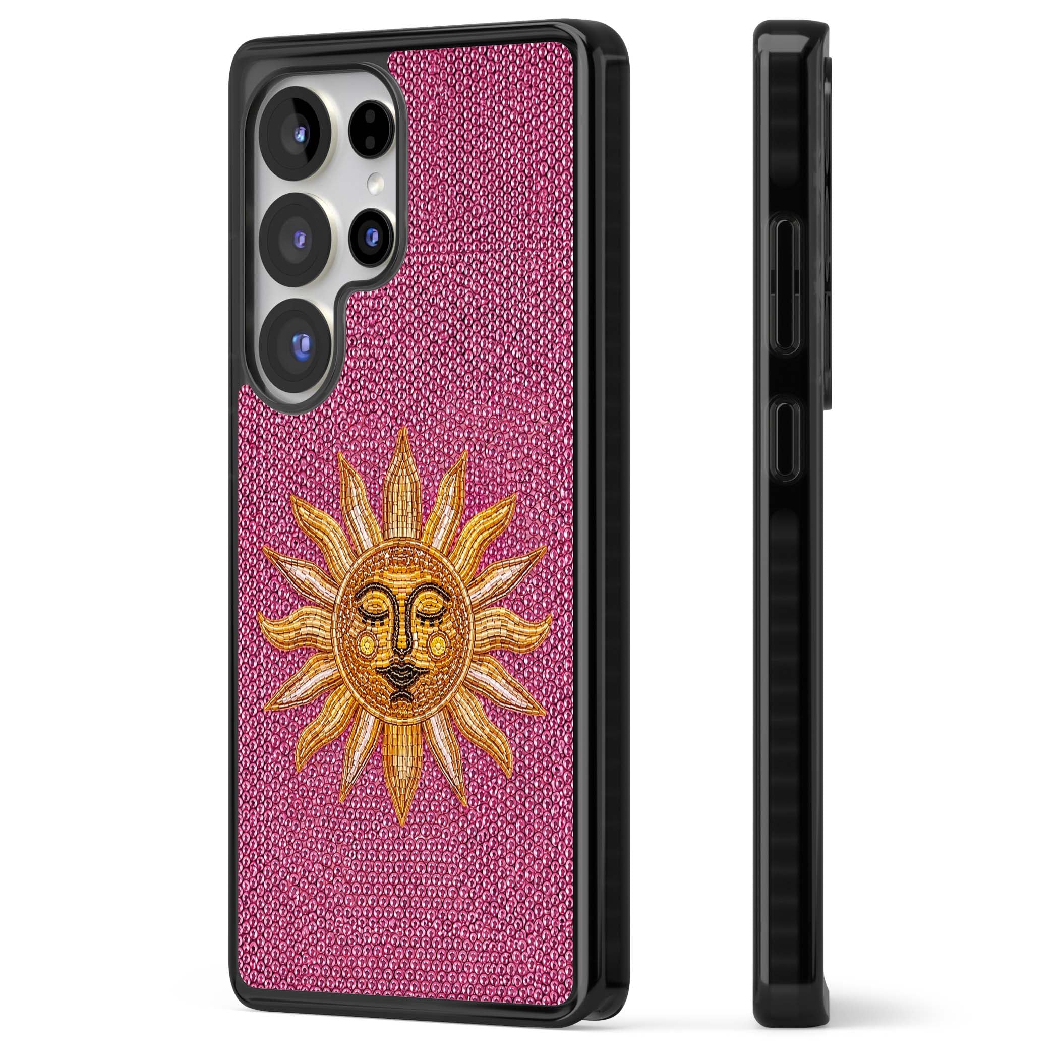 Beaded Sun celestial iPhone case featuring a golden beaded sun face with radiant rays on hot pink beaded background | Black Impact case for Samsung Galaxy S25 Ultra